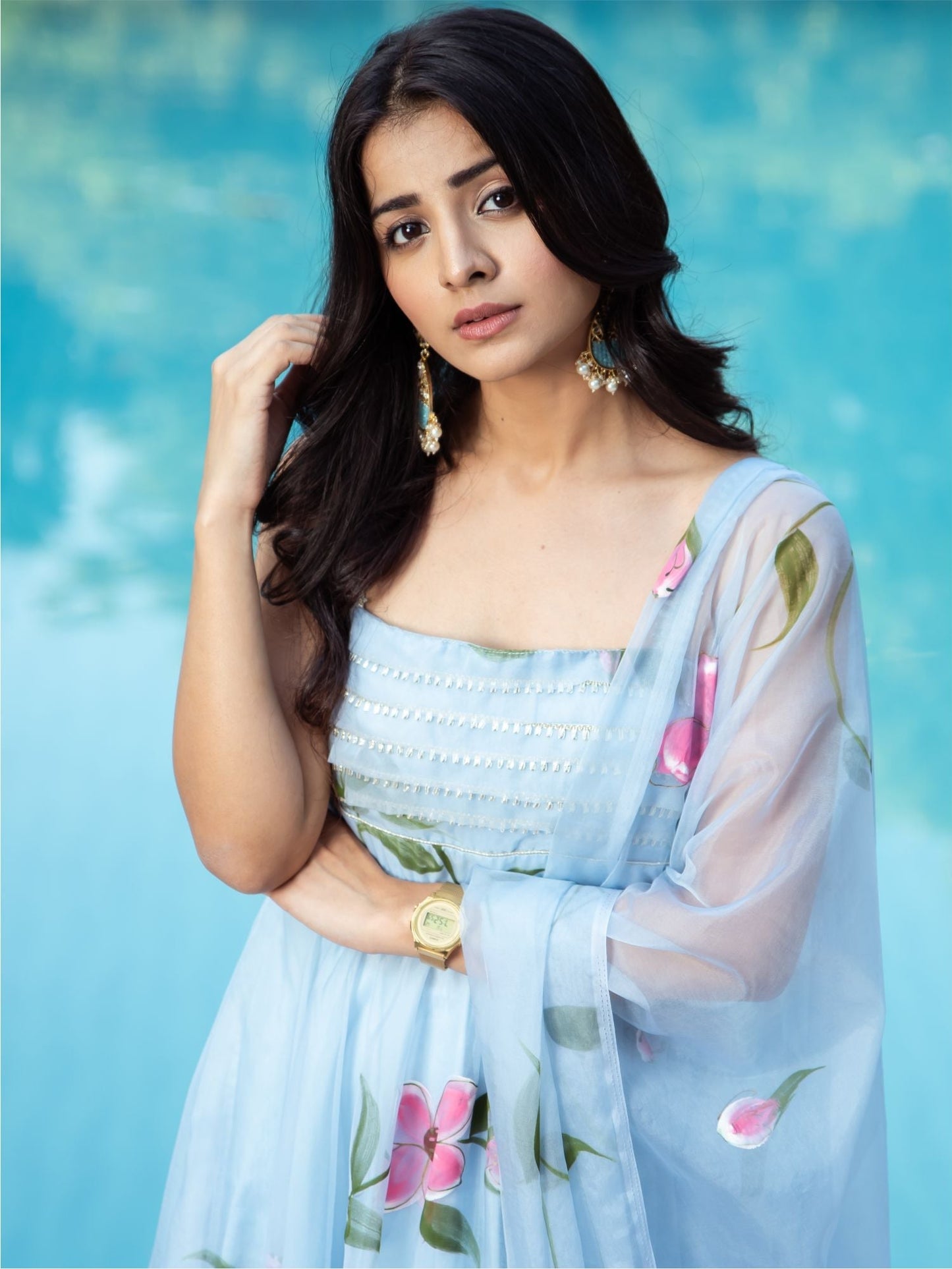 Blue Organza Handpainted Anarkali Set