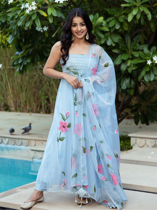 Blue Organza Handpainted Anarkali Set