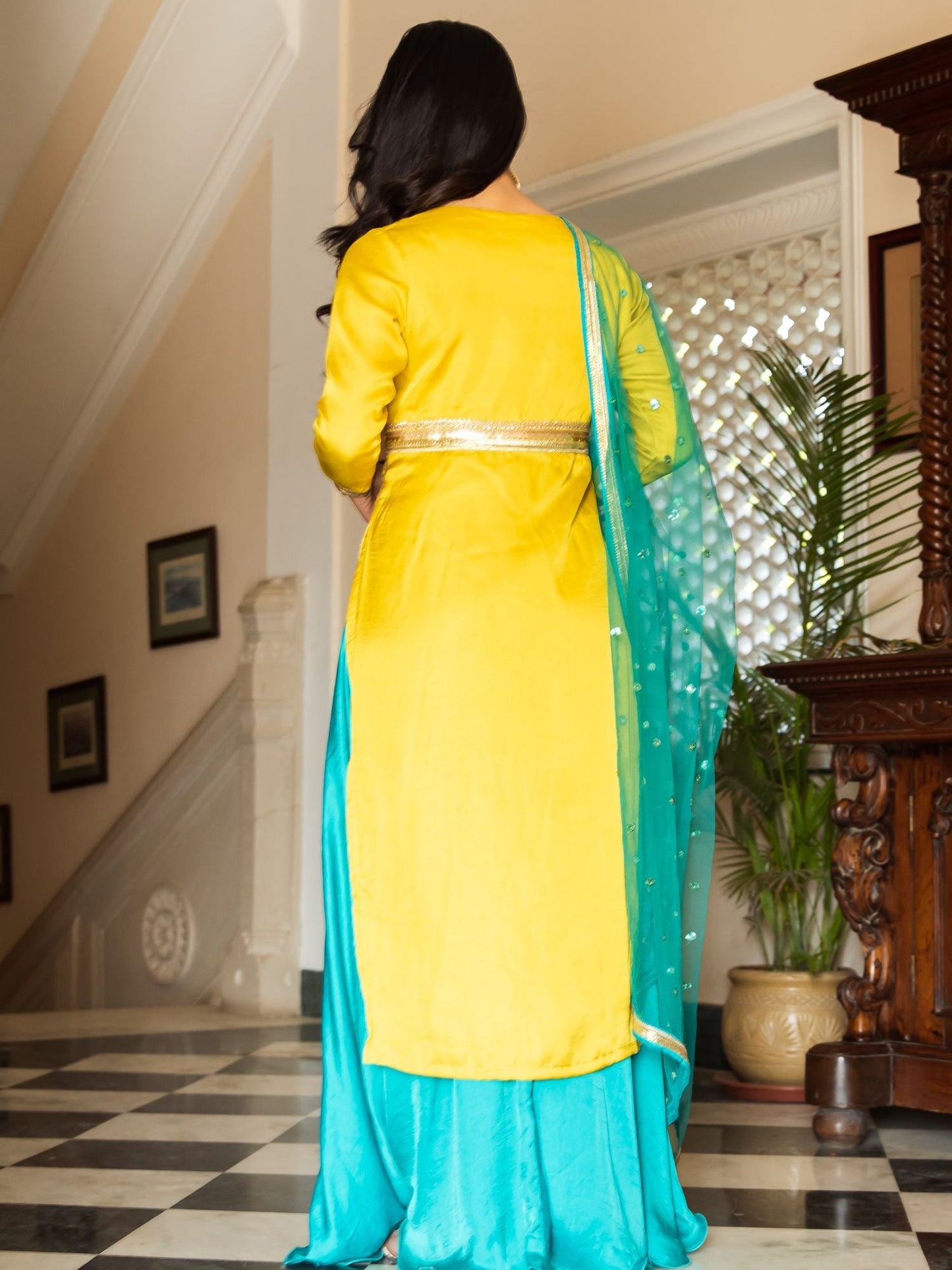 Yellow Aqua Silk Suit Set