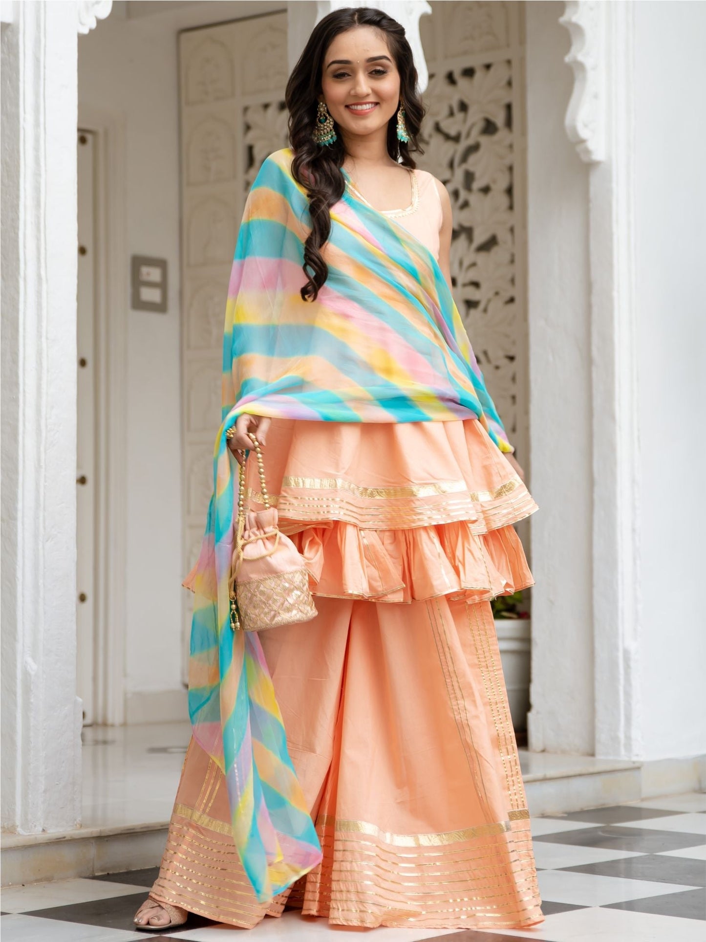 Peach Cotton Kurta and Palazzo Without Dupptta