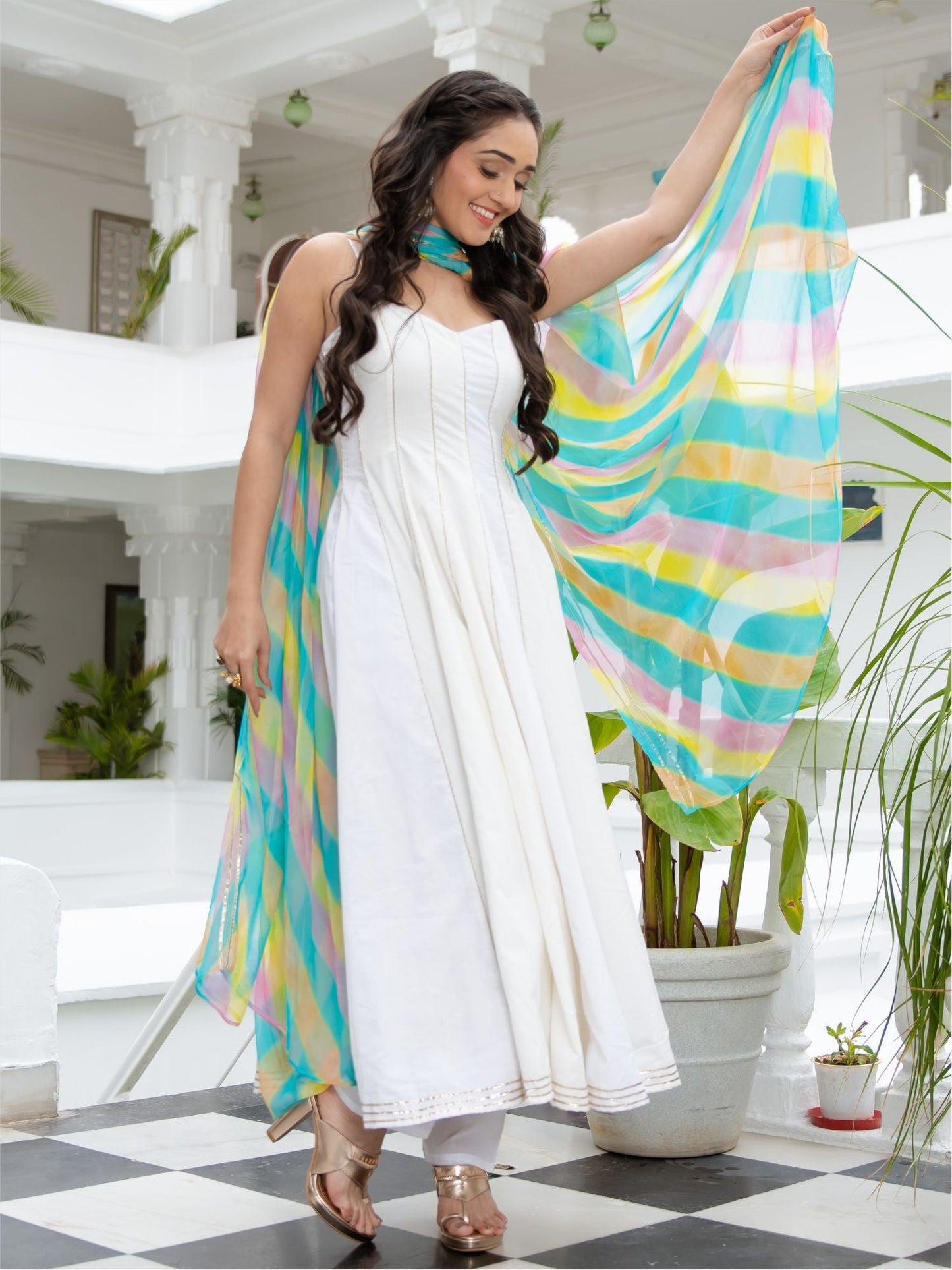 White Cotton Anarkali Set