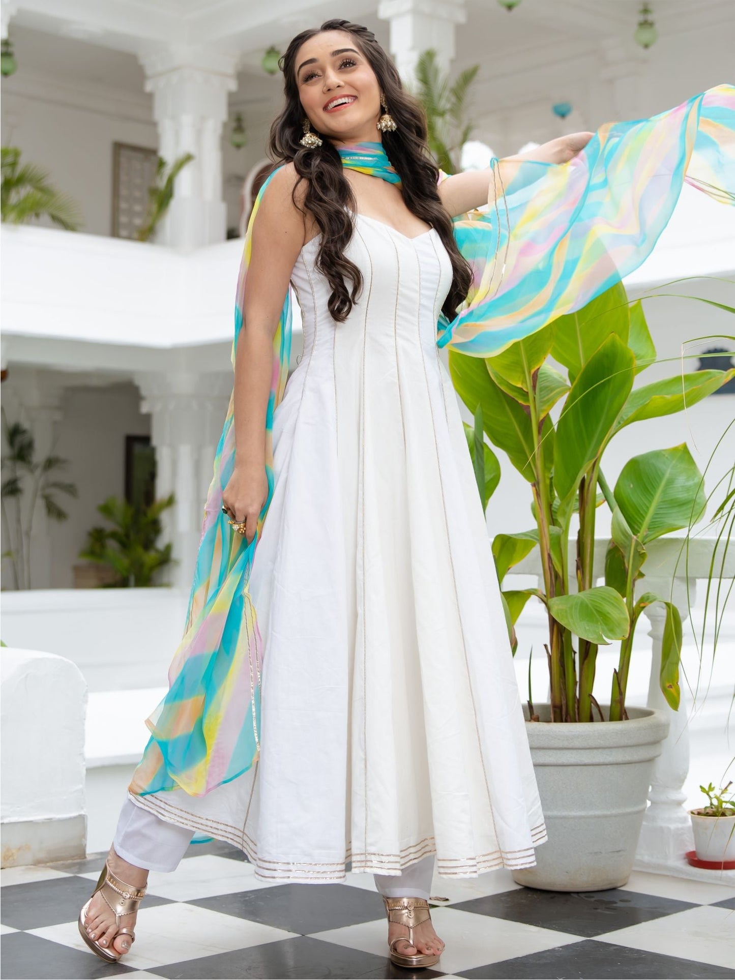 White Cotton Anarkali Set