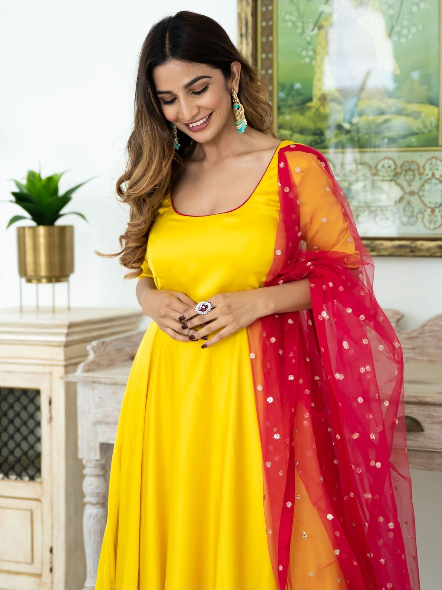 Yellow & Pink Silk Anarkali Set