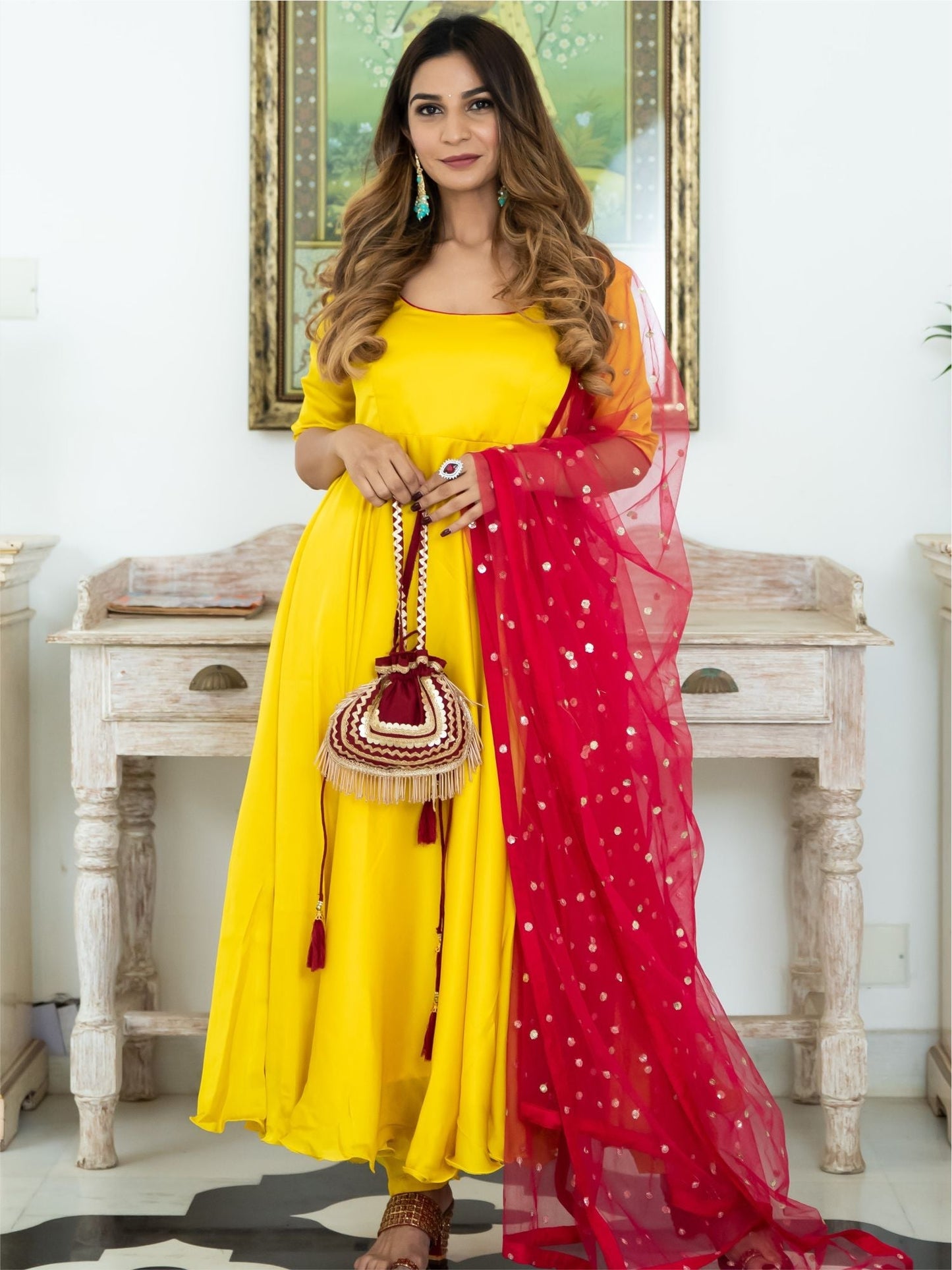 Yellow & Pink Silk Anarkali Set