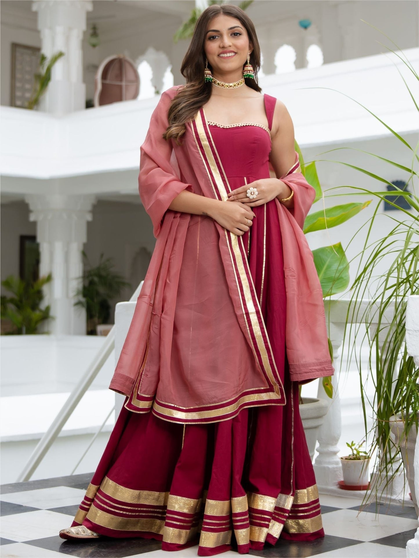 Maroon Cotton Flared Anarkali With Dupatta