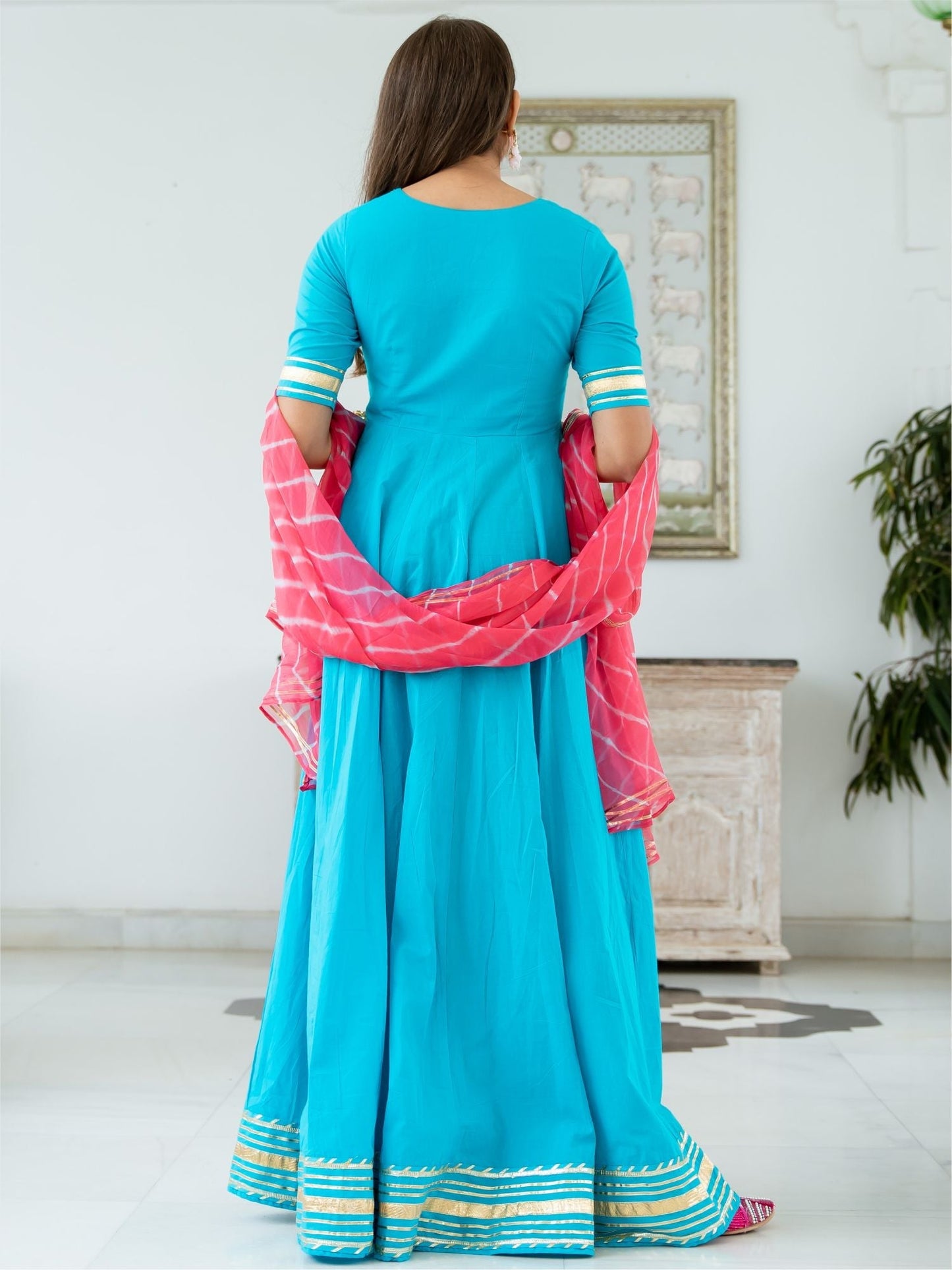 Blue Cotton Flared Anarkali With Dupatta