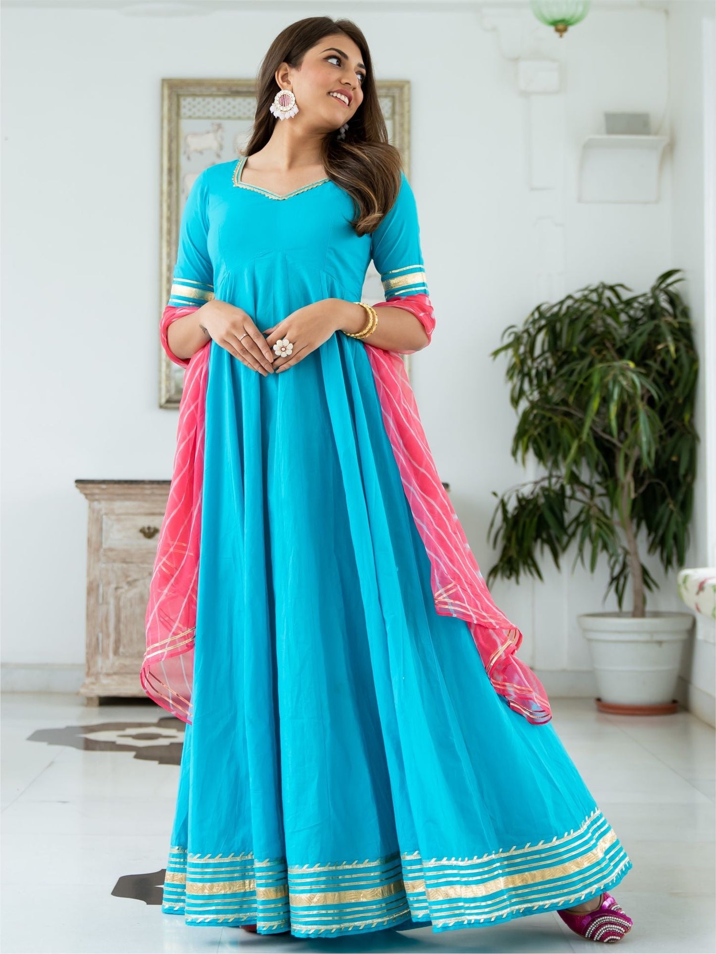 Blue Cotton Flared Anarkali With Dupatta