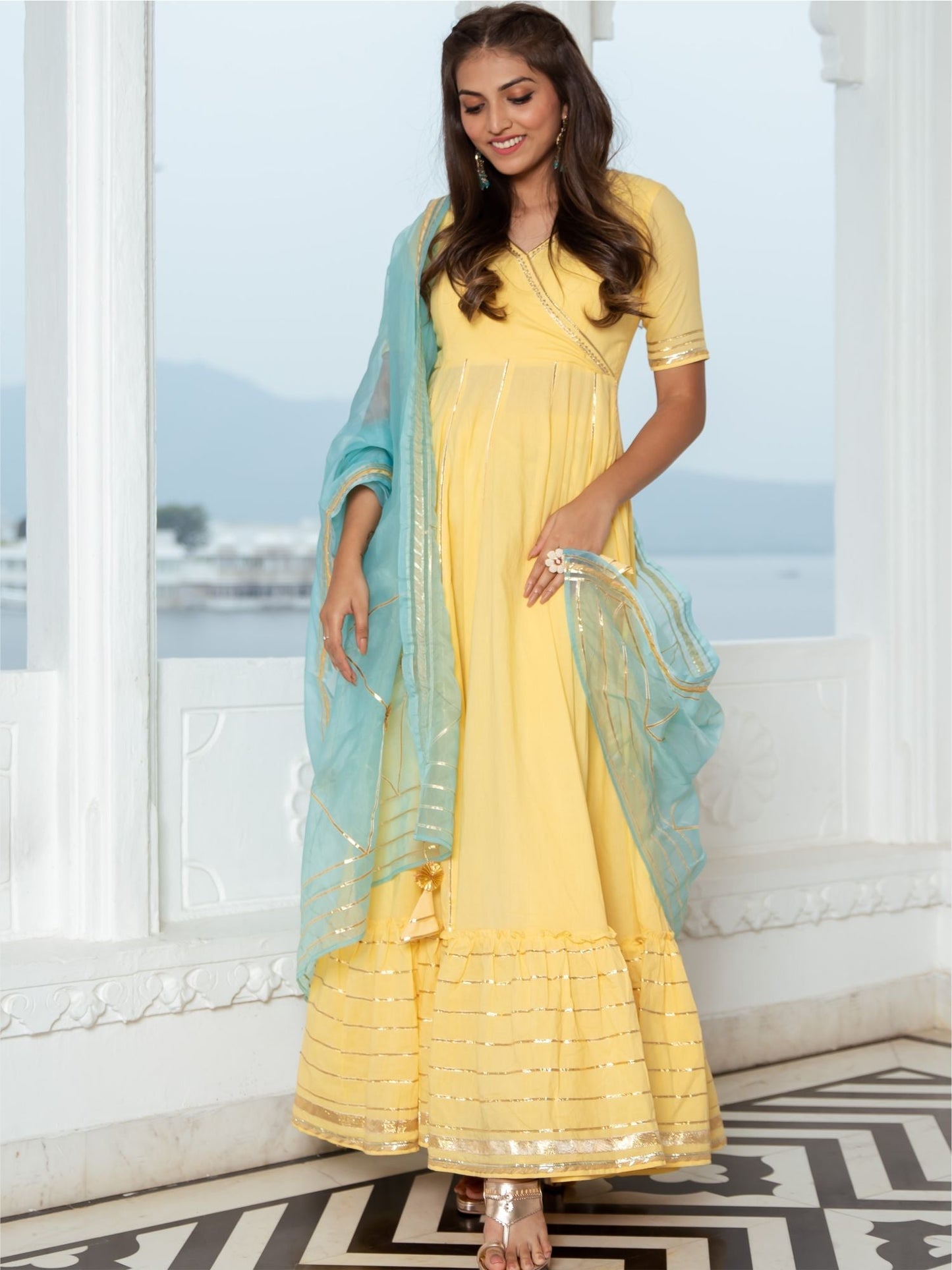 Lemon Yellow Cotton Flared Anarkali Set