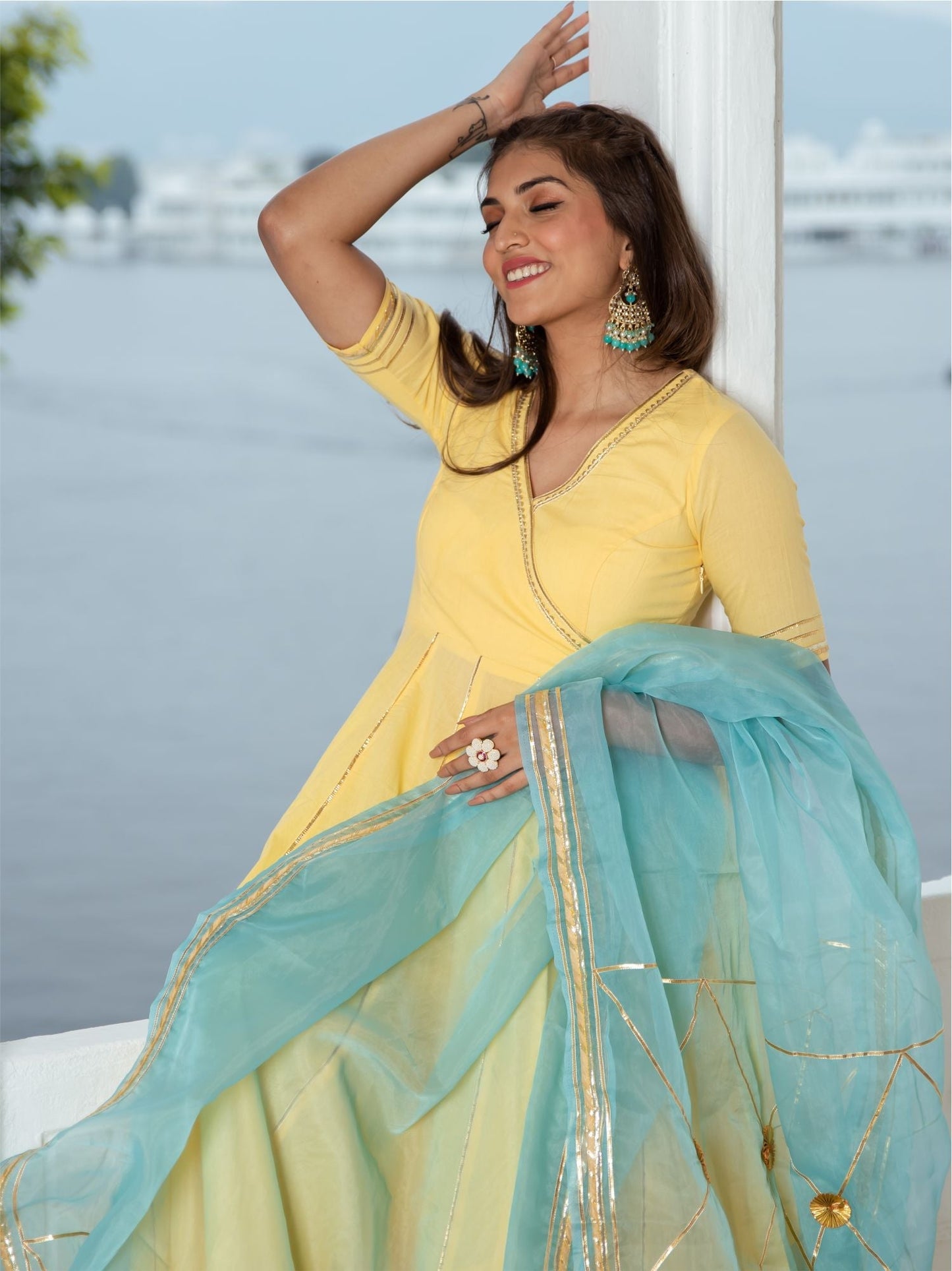 Lemon Yellow Cotton Flared Anarkali Set