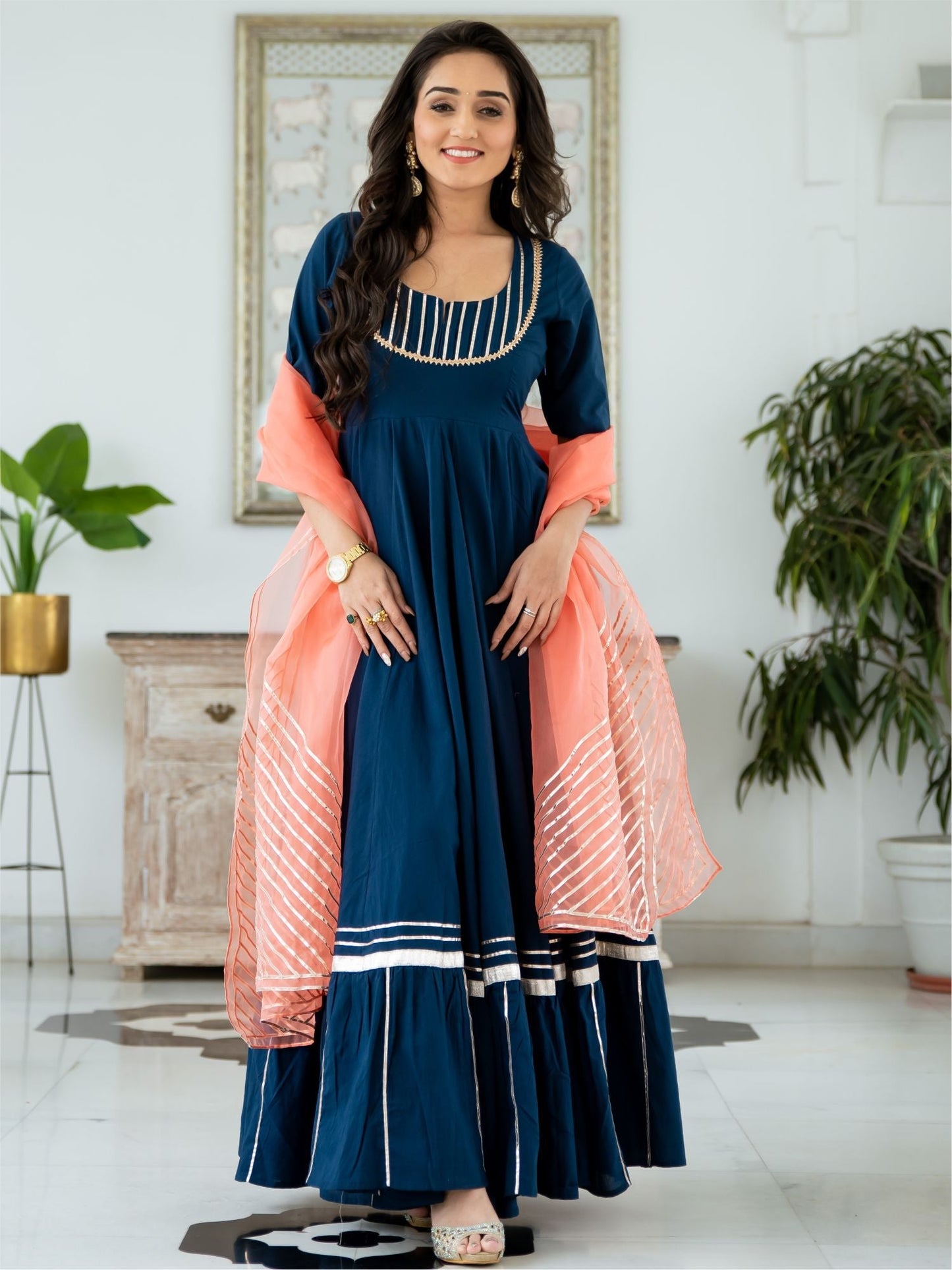Blue Cotton Anarkali With Dupatta