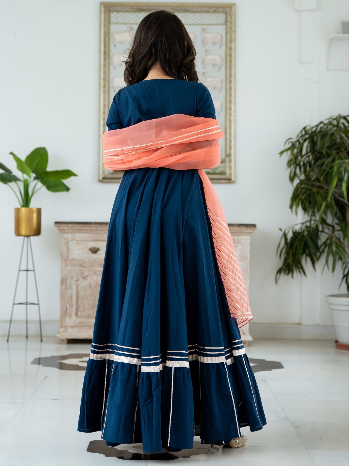 Blue Cotton Anarkali With Dupatta