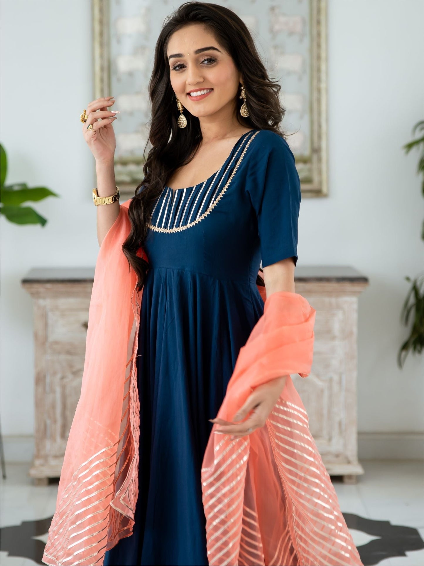Blue Cotton Anarkali With Dupatta