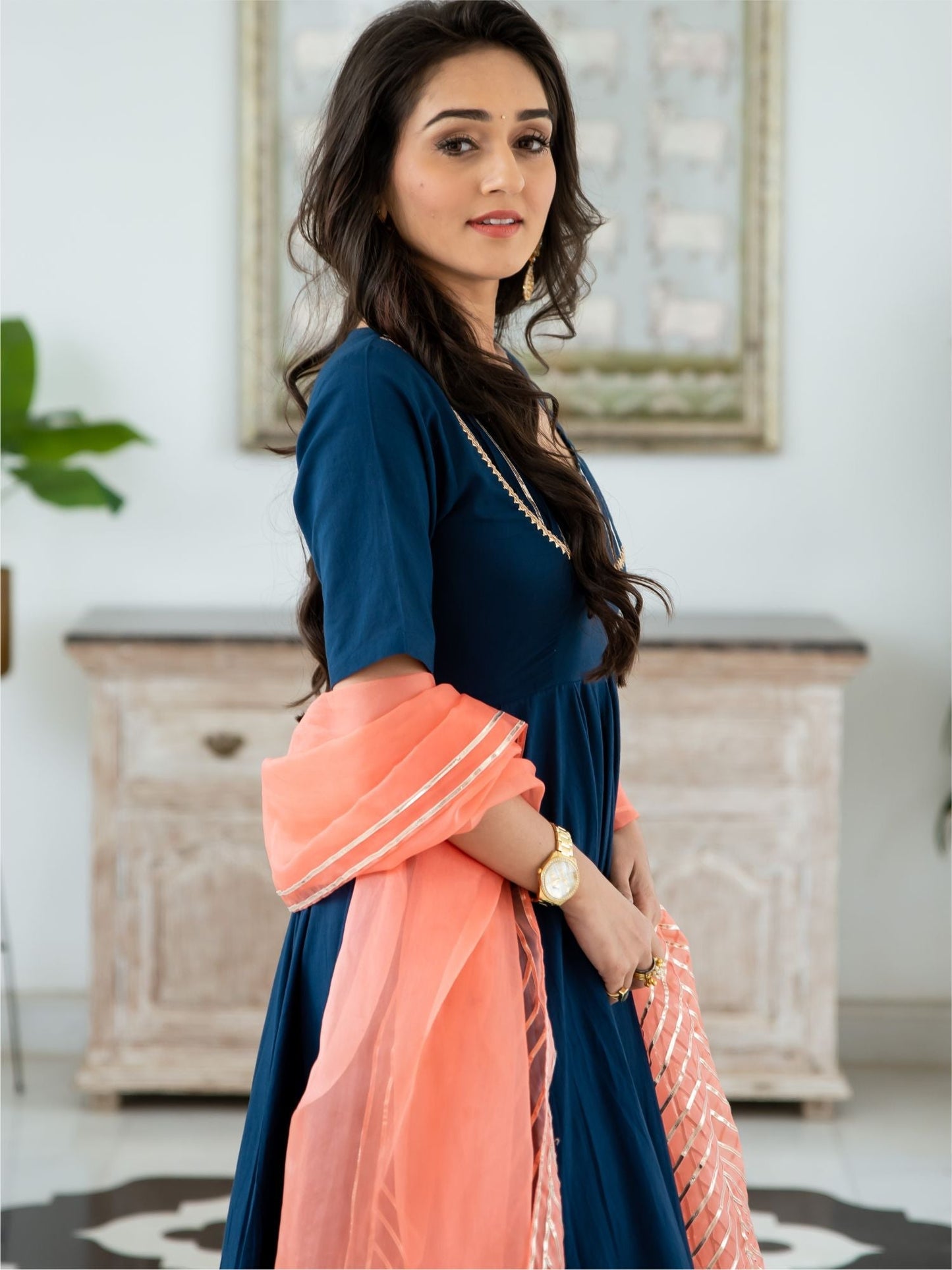 Blue Cotton Anarkali With Dupatta