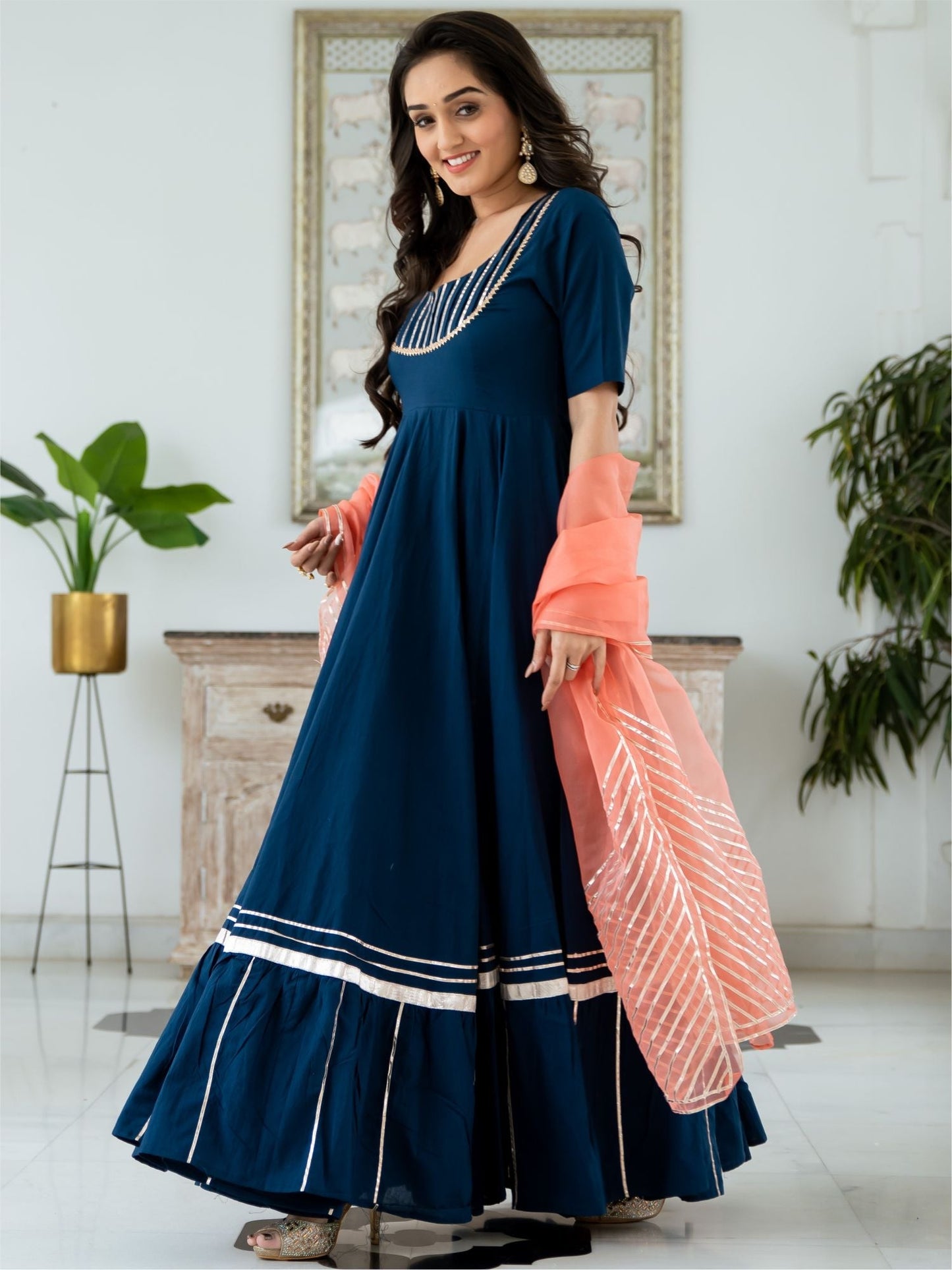 Blue Cotton Anarkali With Dupatta