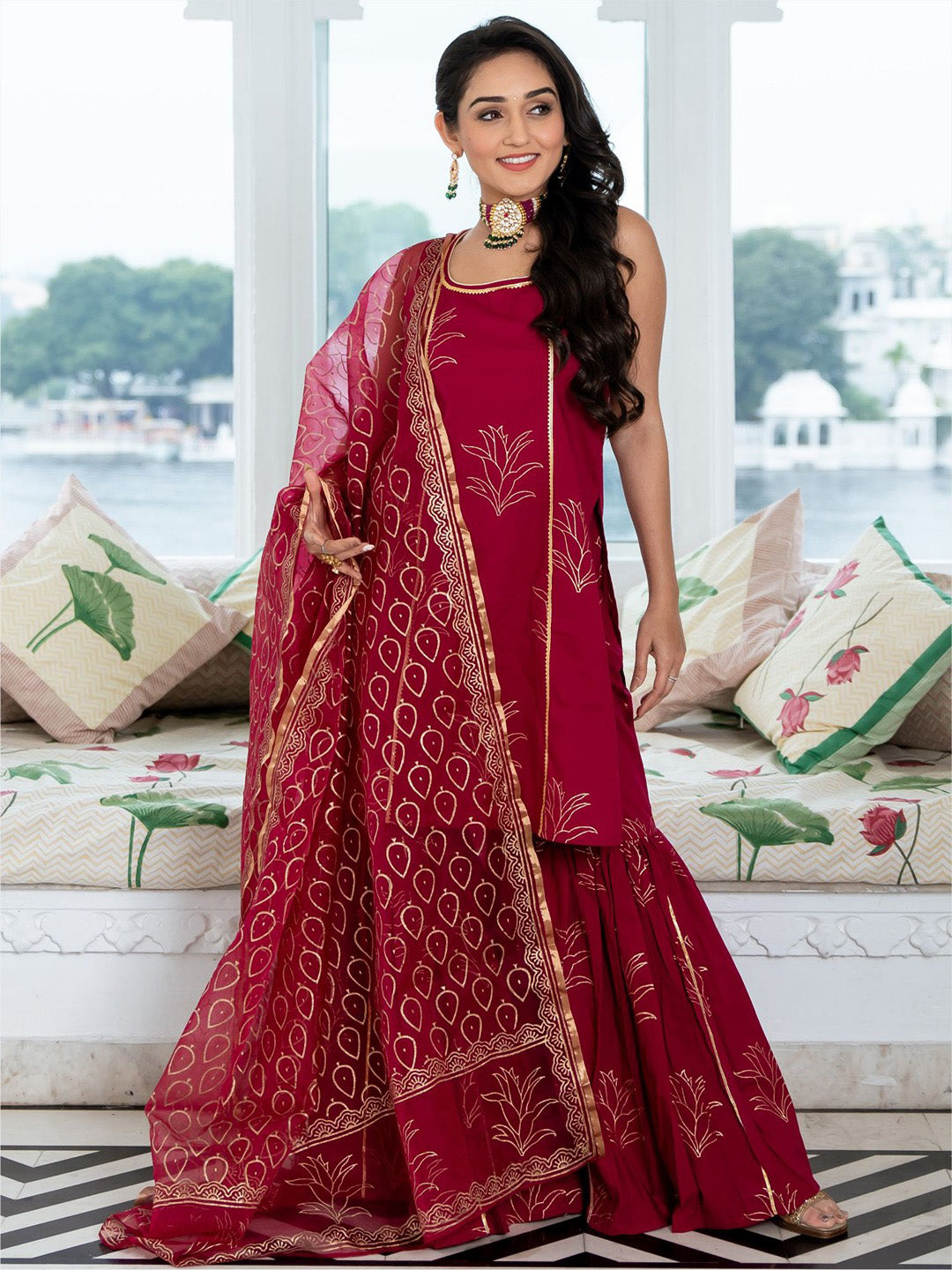 Megenta Cotton Printed Kurta And Sharara Set