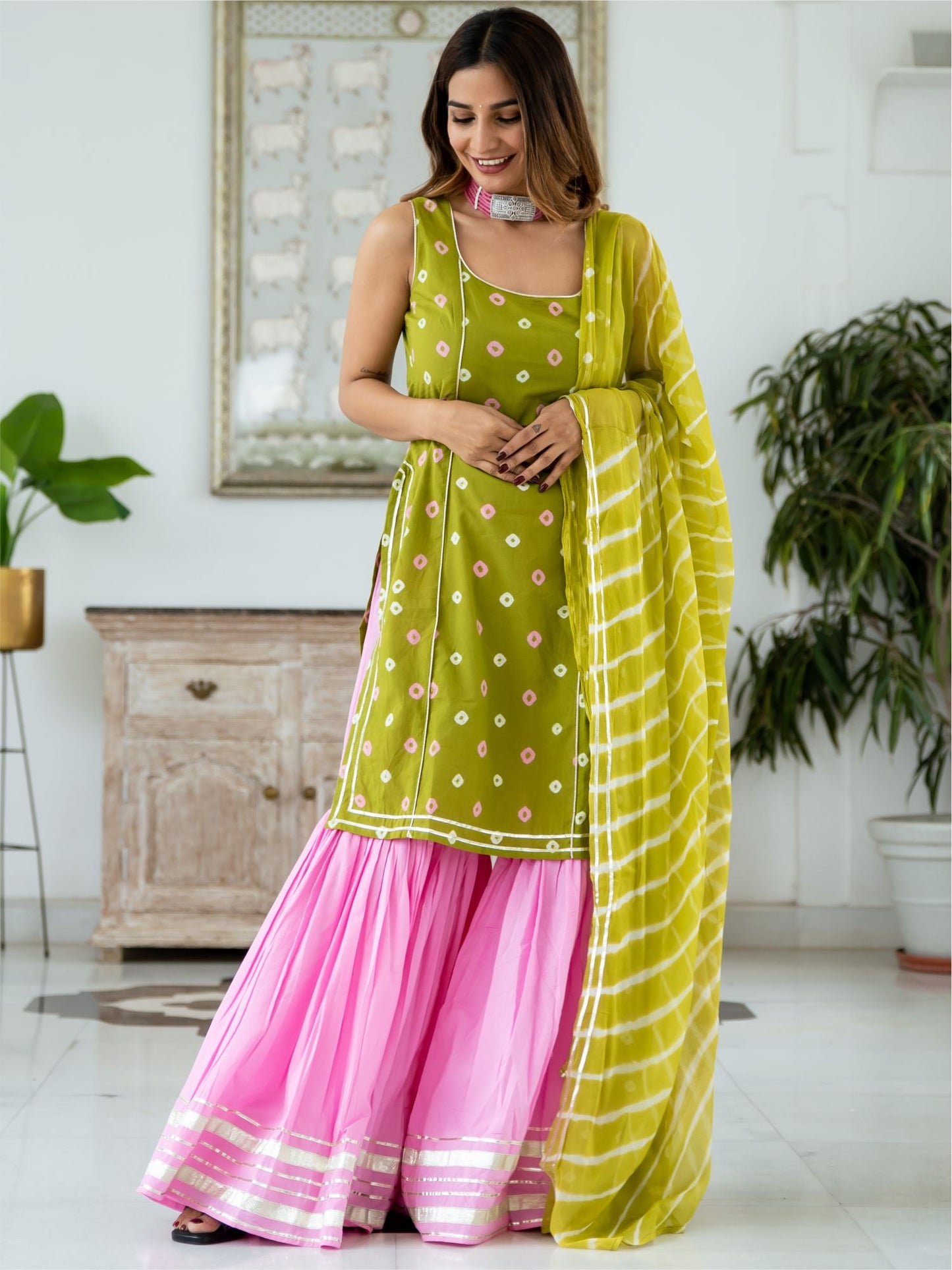 Bandhani Short Kurta and Sharara Set