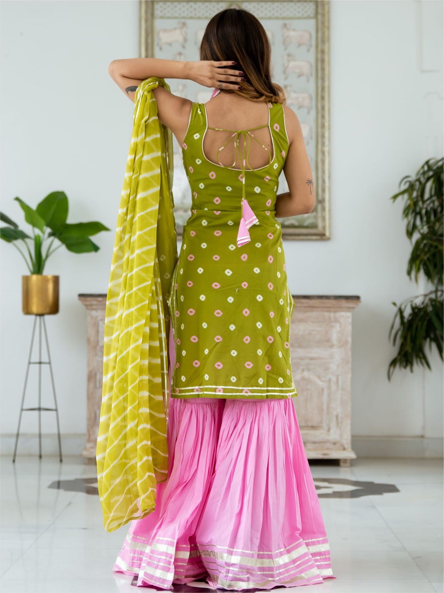 Bandhani Short Kurta and Sharara Set