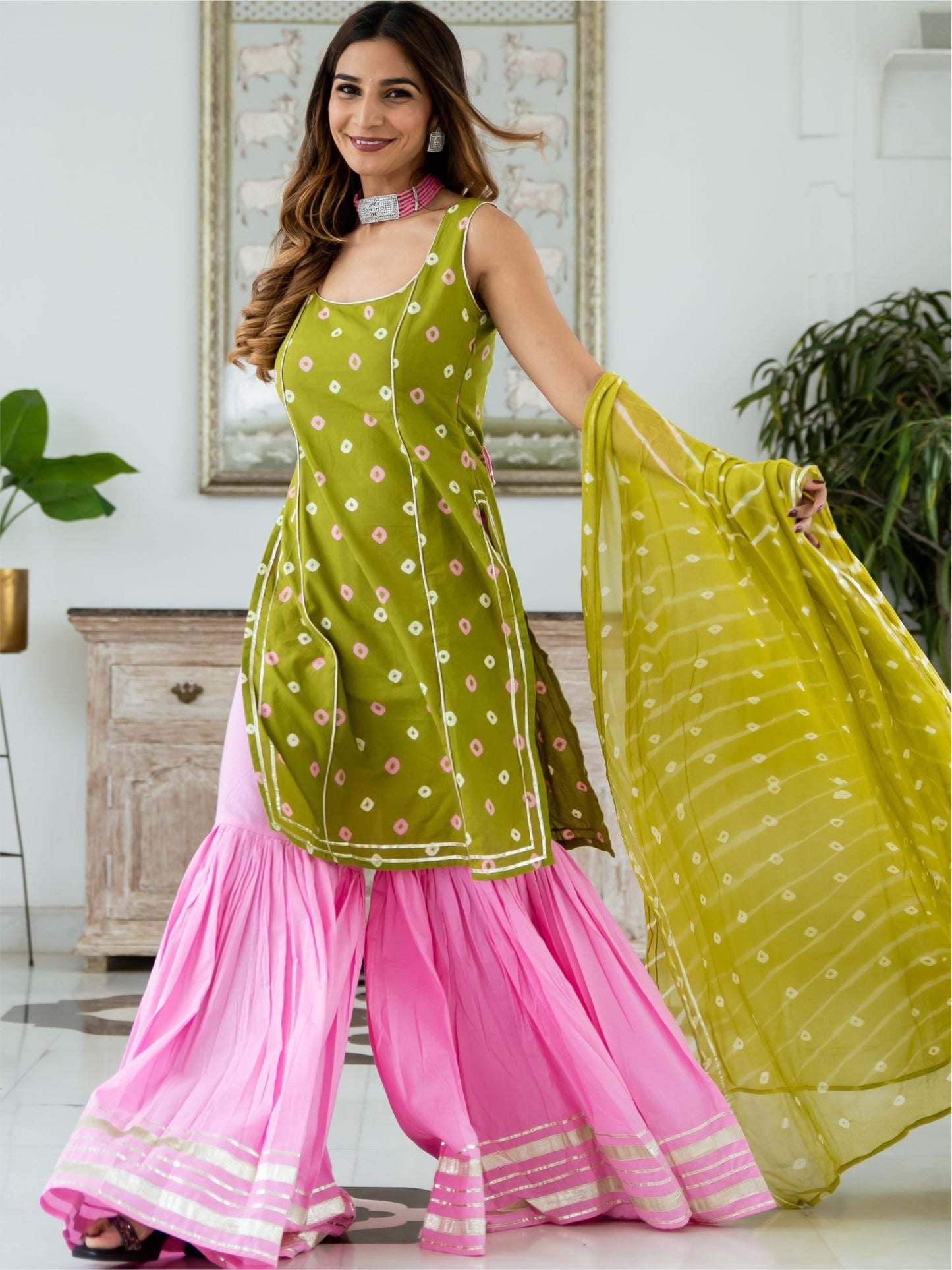 Bandhani Short Kurta and Sharara Set