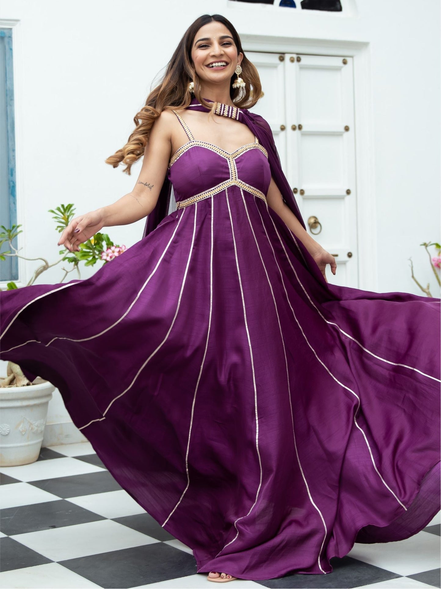 Purple Silk Long Dress With Dupatta