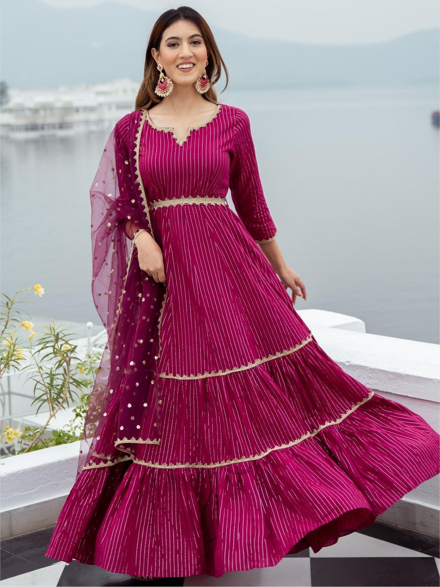 Pink Cotton Lurex Long Dress With Dupatta