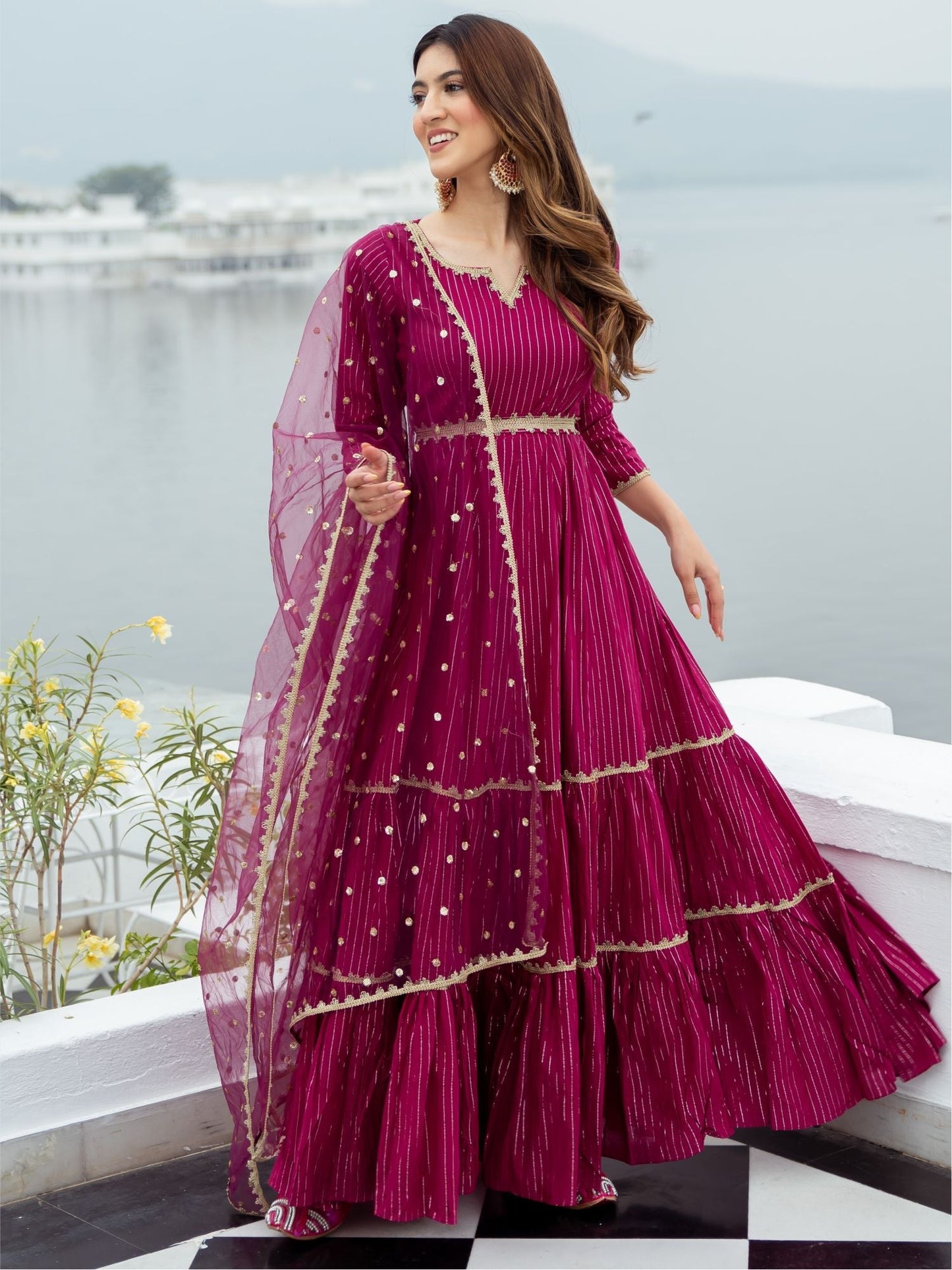 Pink Cotton Lurex Long Dress With Dupatta