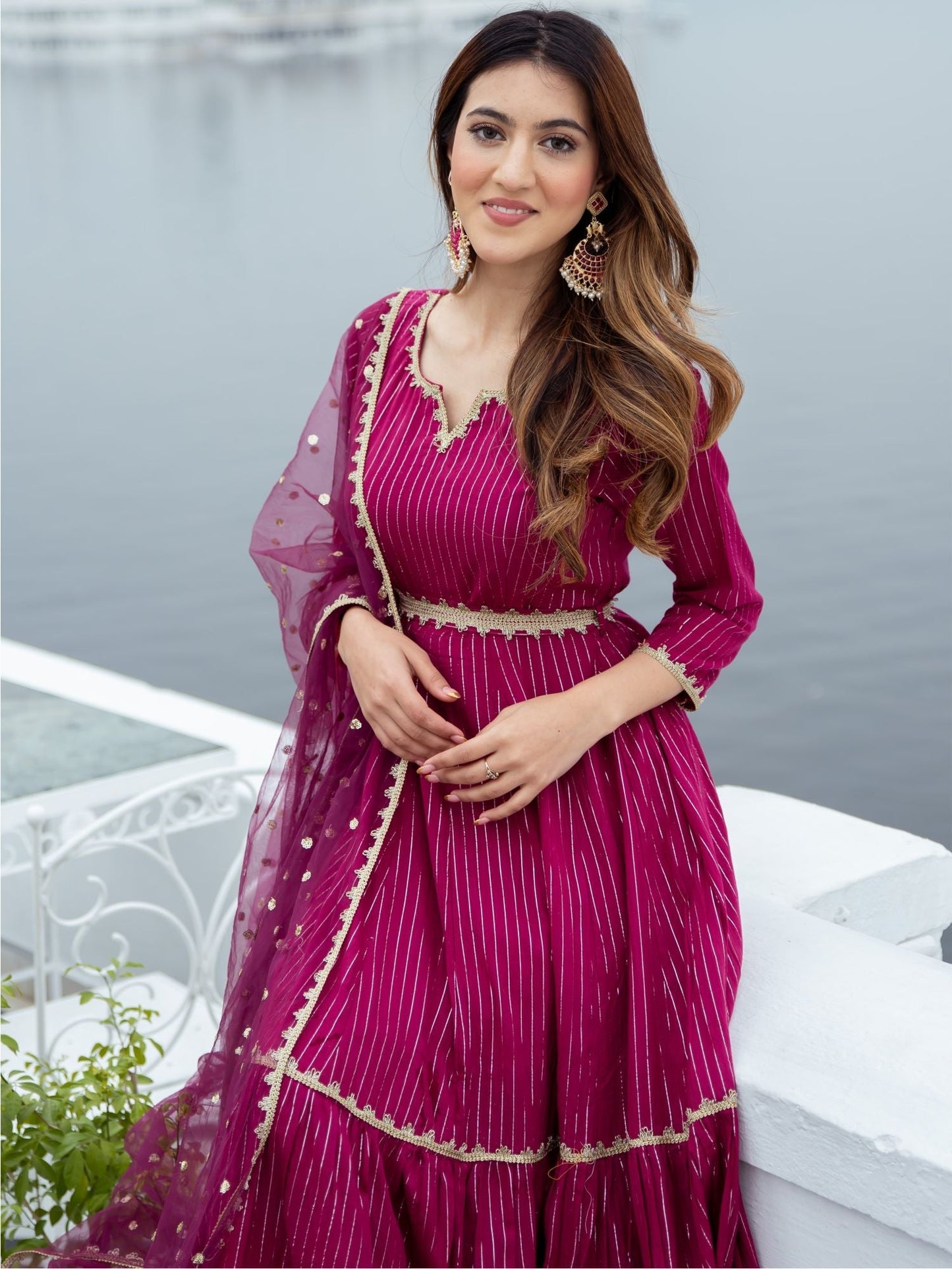 Pink Cotton Lurex Long Dress With Dupatta