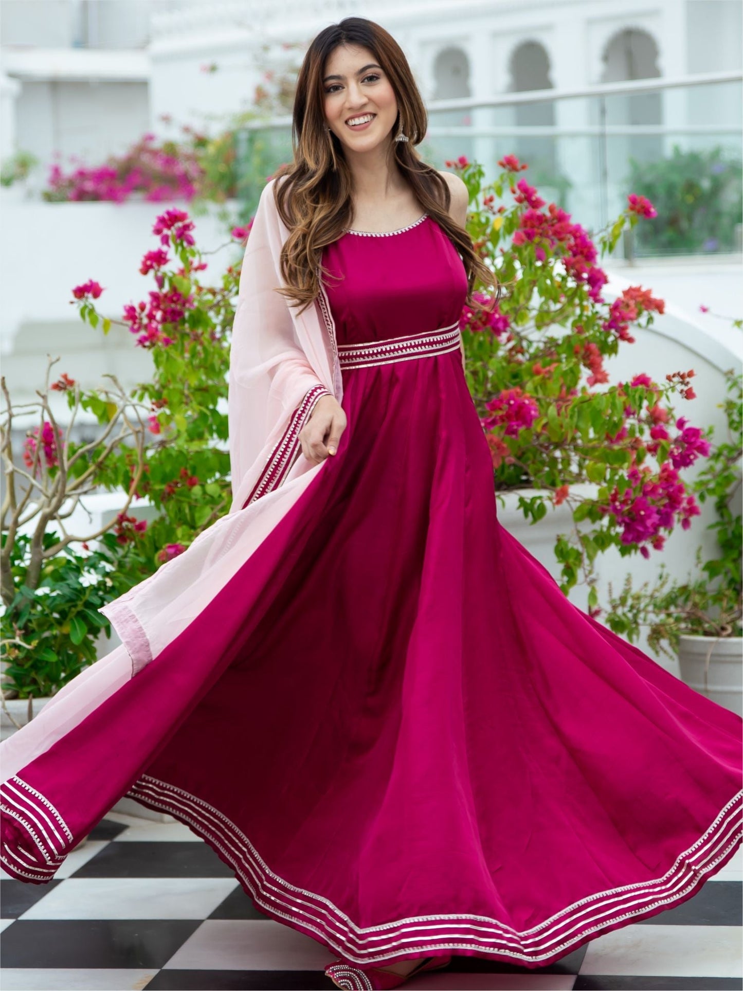 Pink Silk Long Dress With Dupatta