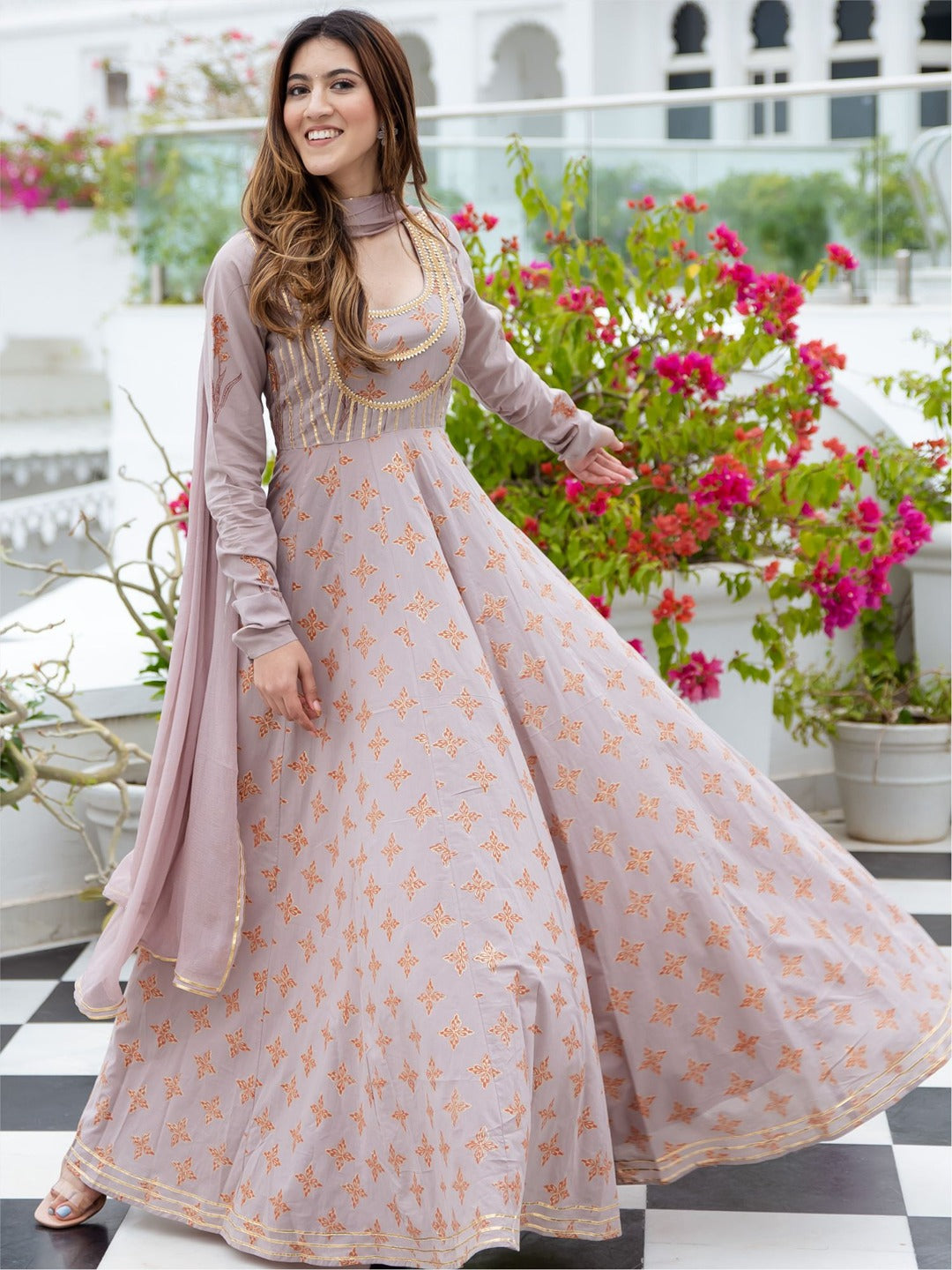 Cotton Printed Flared Anarkali With Dupatta