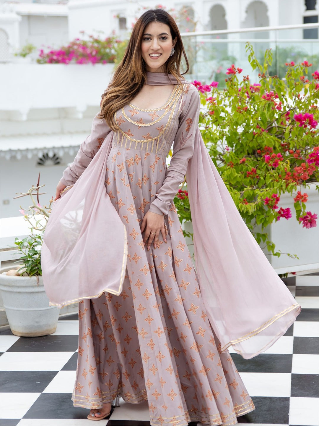 Cotton Printed Flared Anarkali With Dupatta