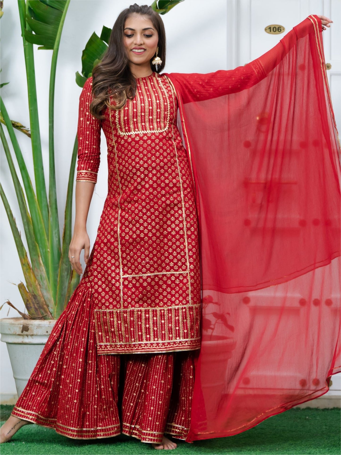 Red Cotton Printed Long Kurta and Sharara Set