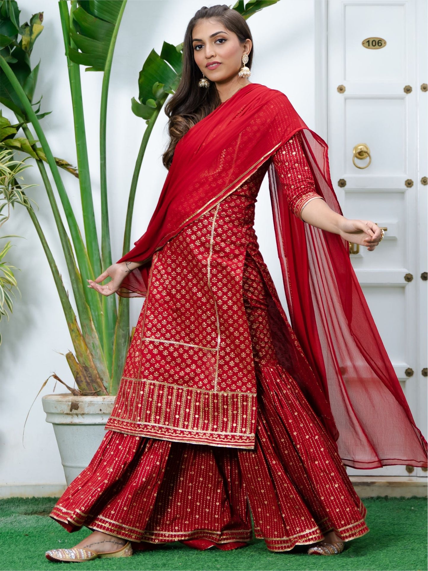 Red Cotton Printed Long Kurta and Sharara Set