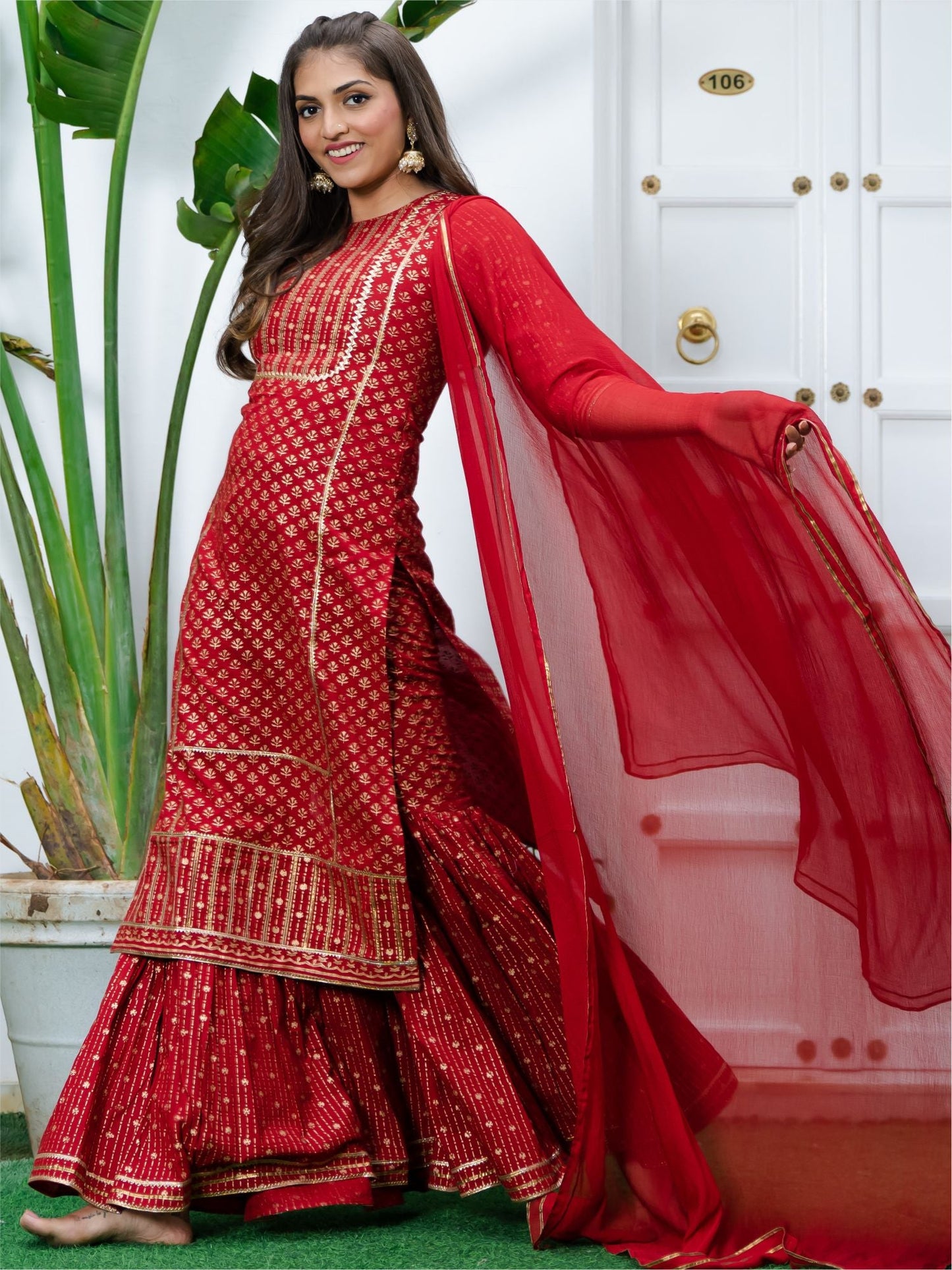 Red Cotton Printed Long Kurta and Sharara Set