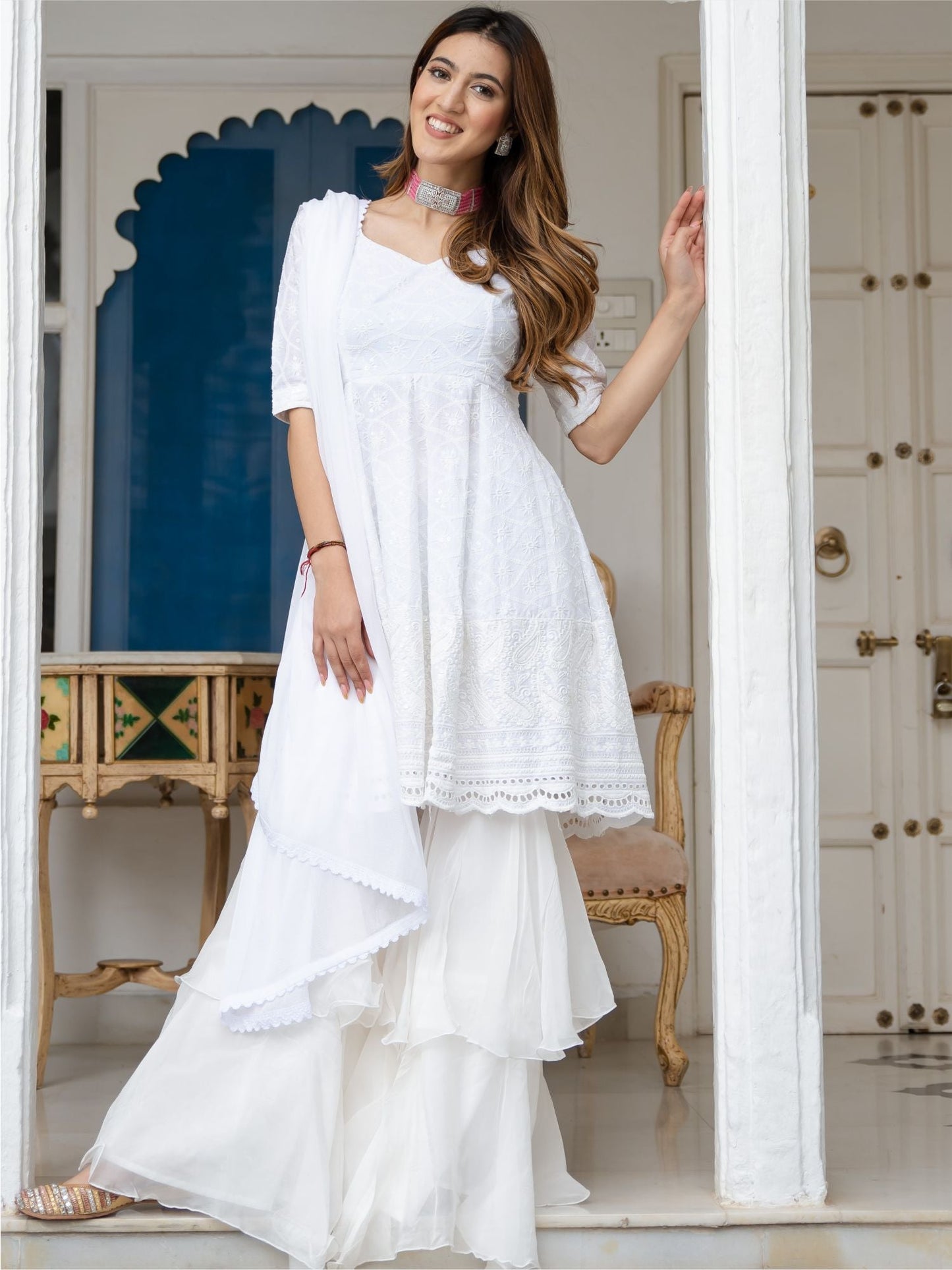 White Cotton Embroidered Short Kurta and Tiered sharara