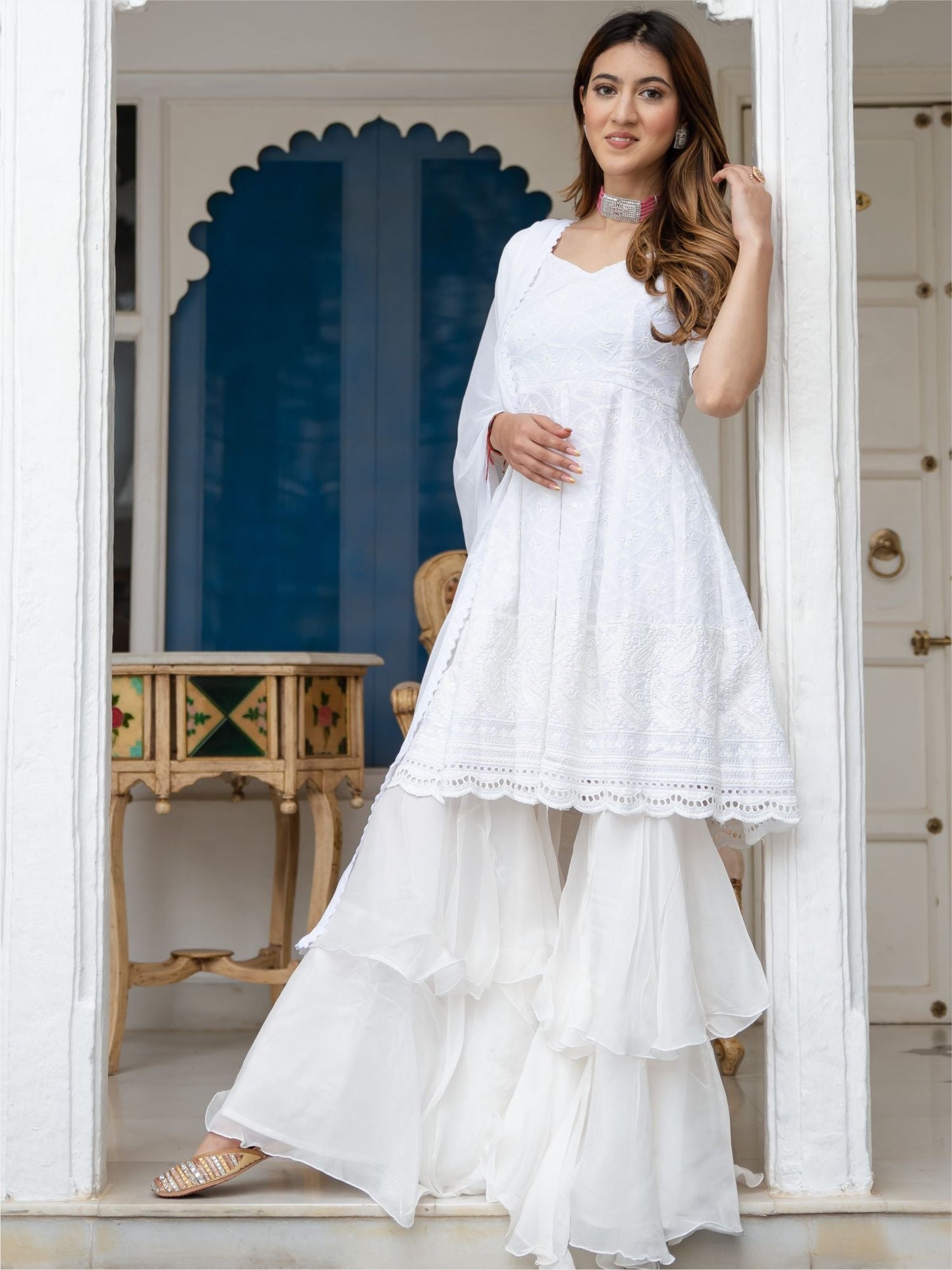 White Cotton Embroidered Short Kurta and Tiered sharara