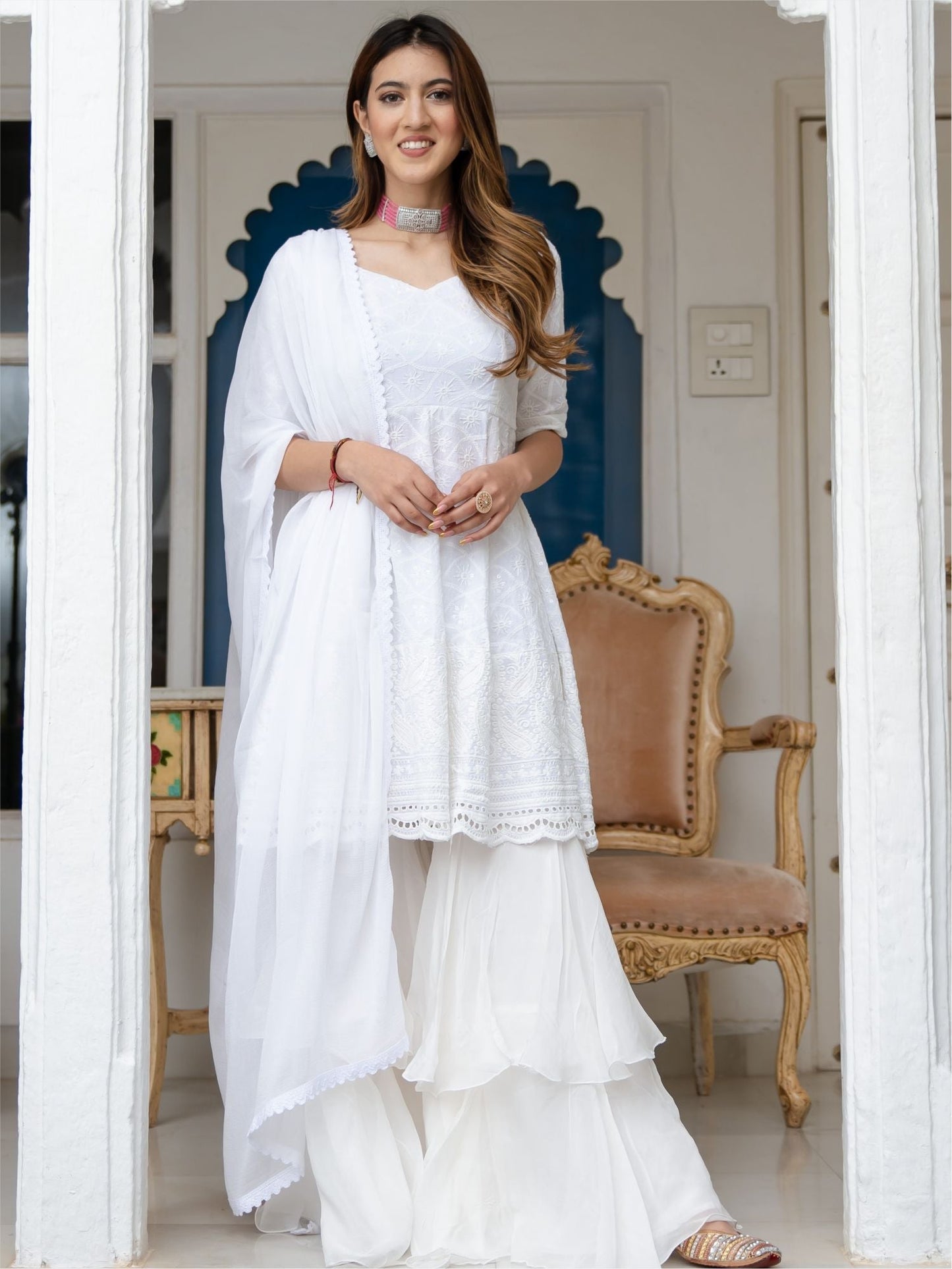 White Cotton Embroidered Short Kurta and Tiered sharara
