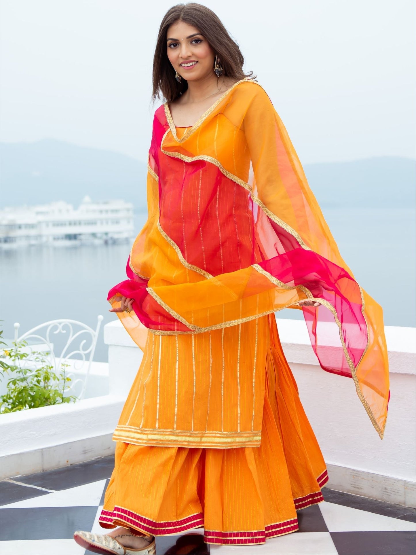 Orange Cotton Lurex Kurta and Palazzo Set