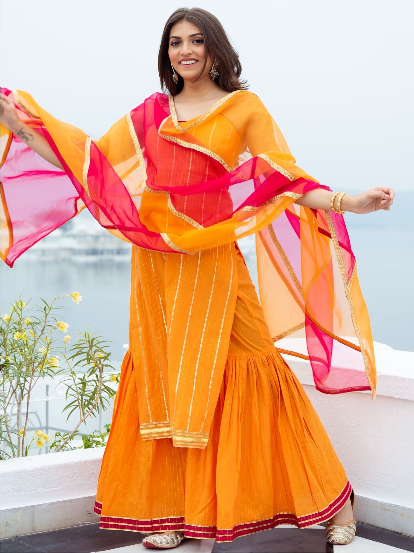 Orange Cotton Lurex Kurta and Palazzo Set