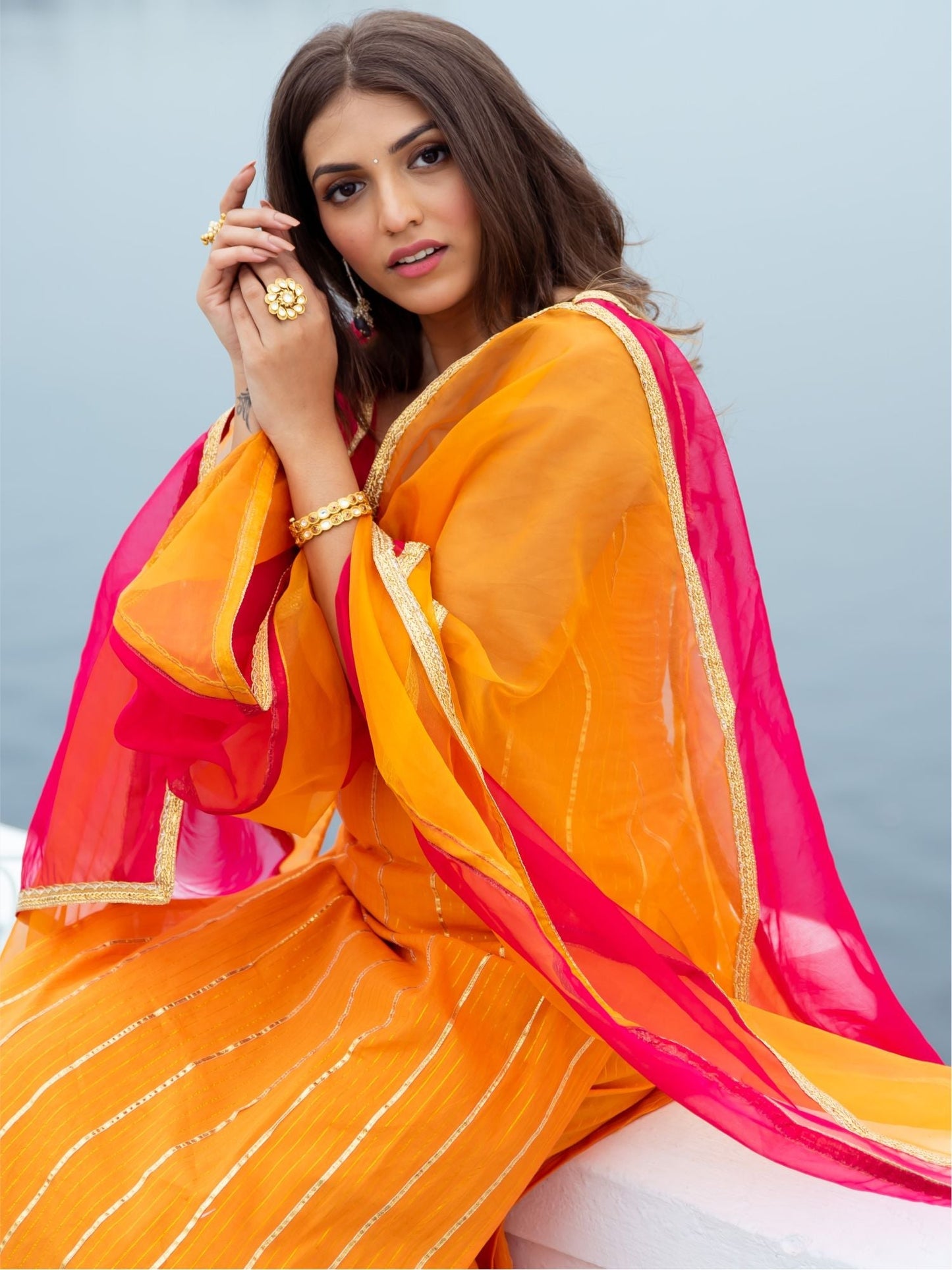 Orange Cotton Lurex Kurta and Palazzo Set