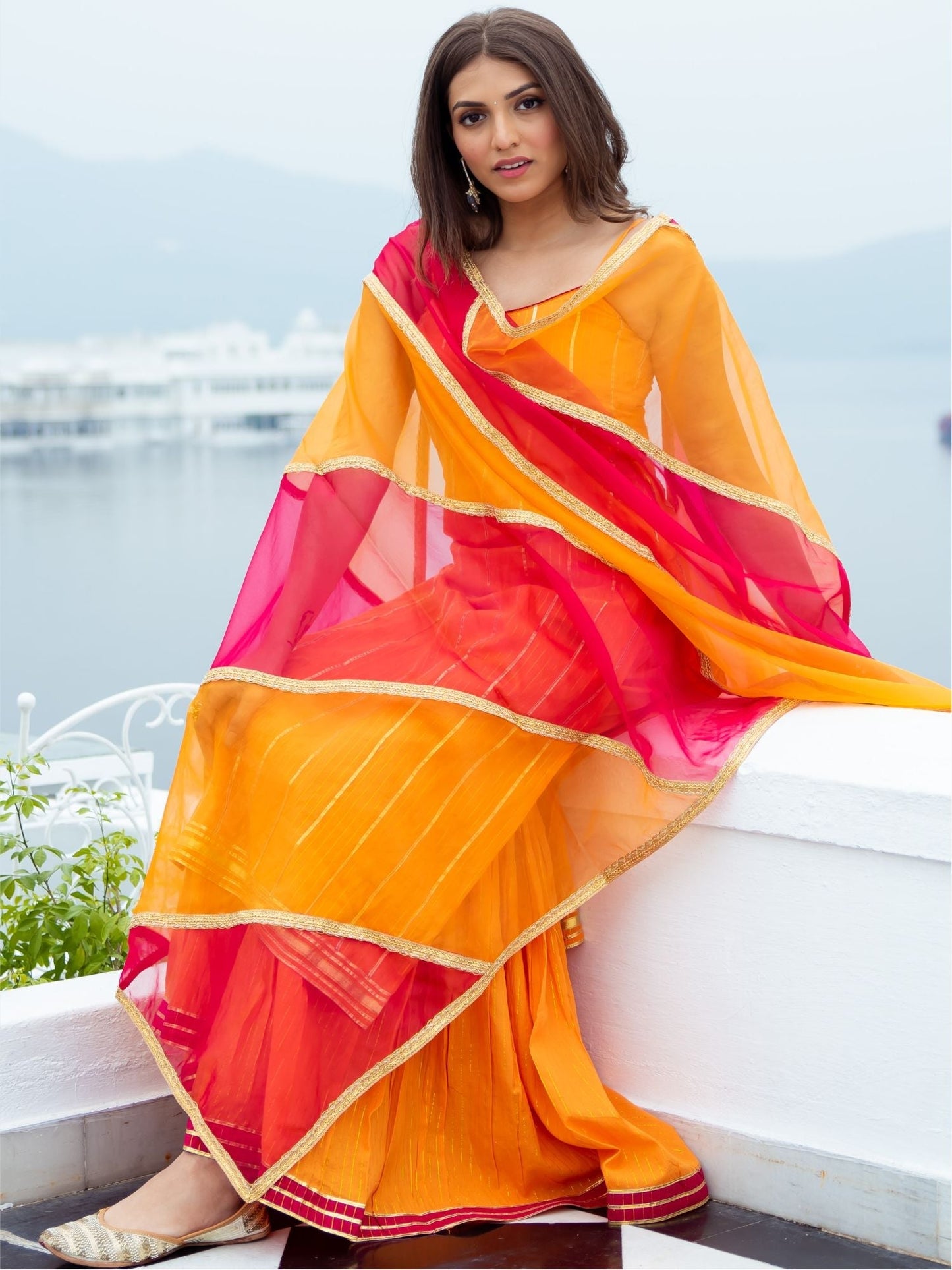 Orange Cotton Lurex Kurta and Palazzo Set