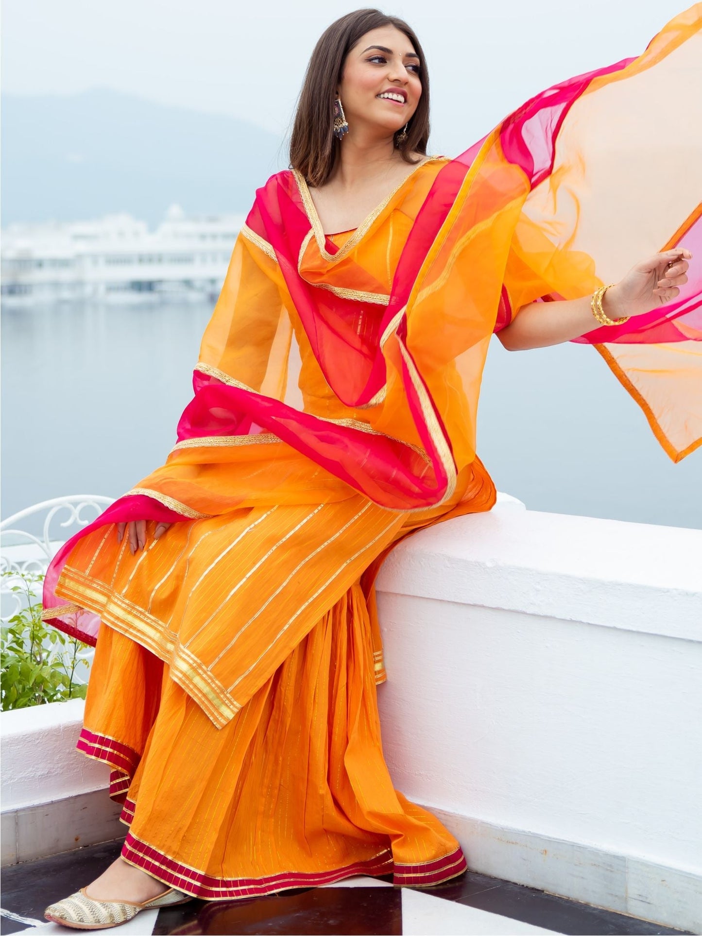 Orange Cotton Lurex Kurta and Palazzo Set