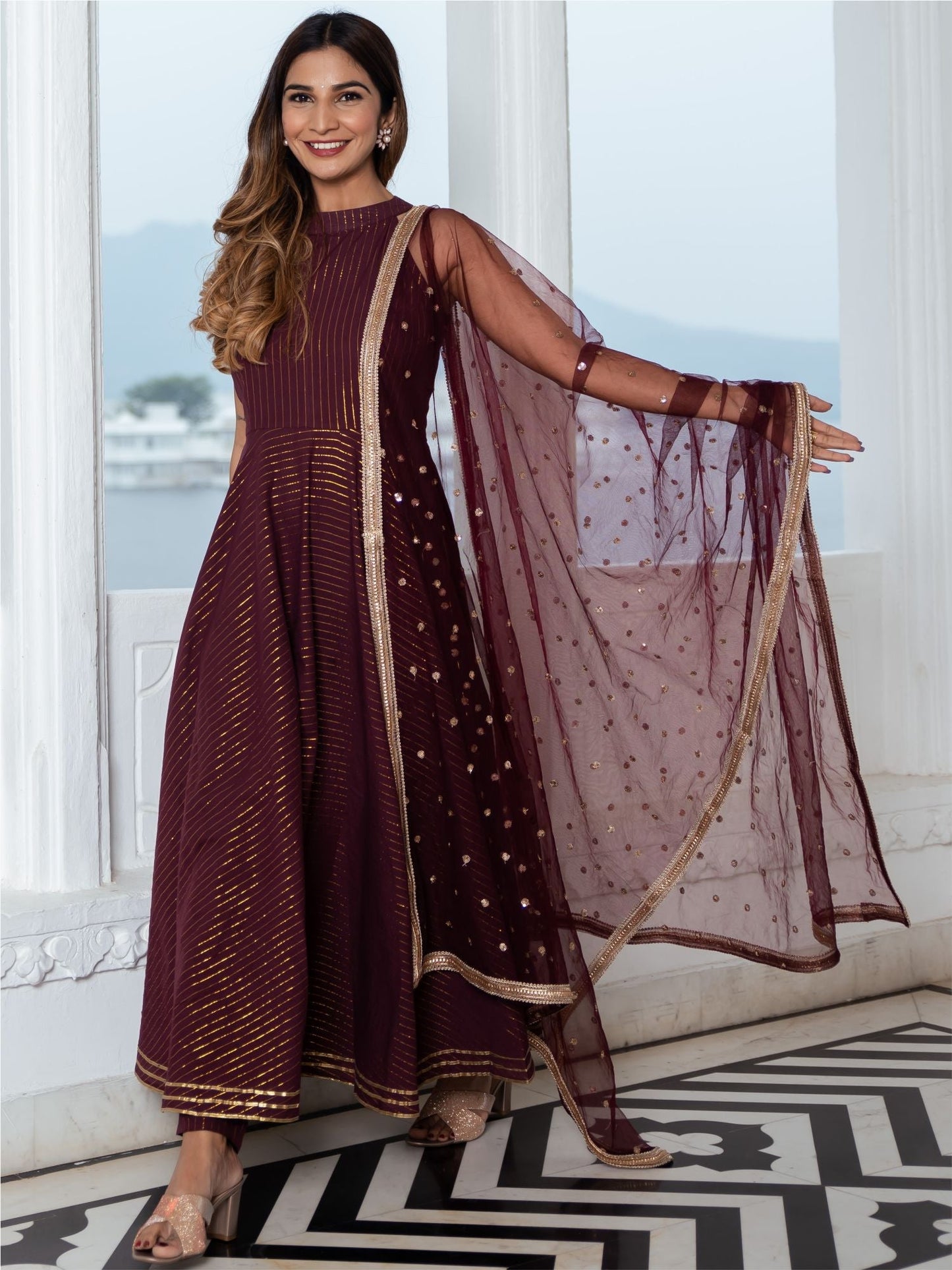 Wine Cotton Lurex Long Kurta and Pant Set