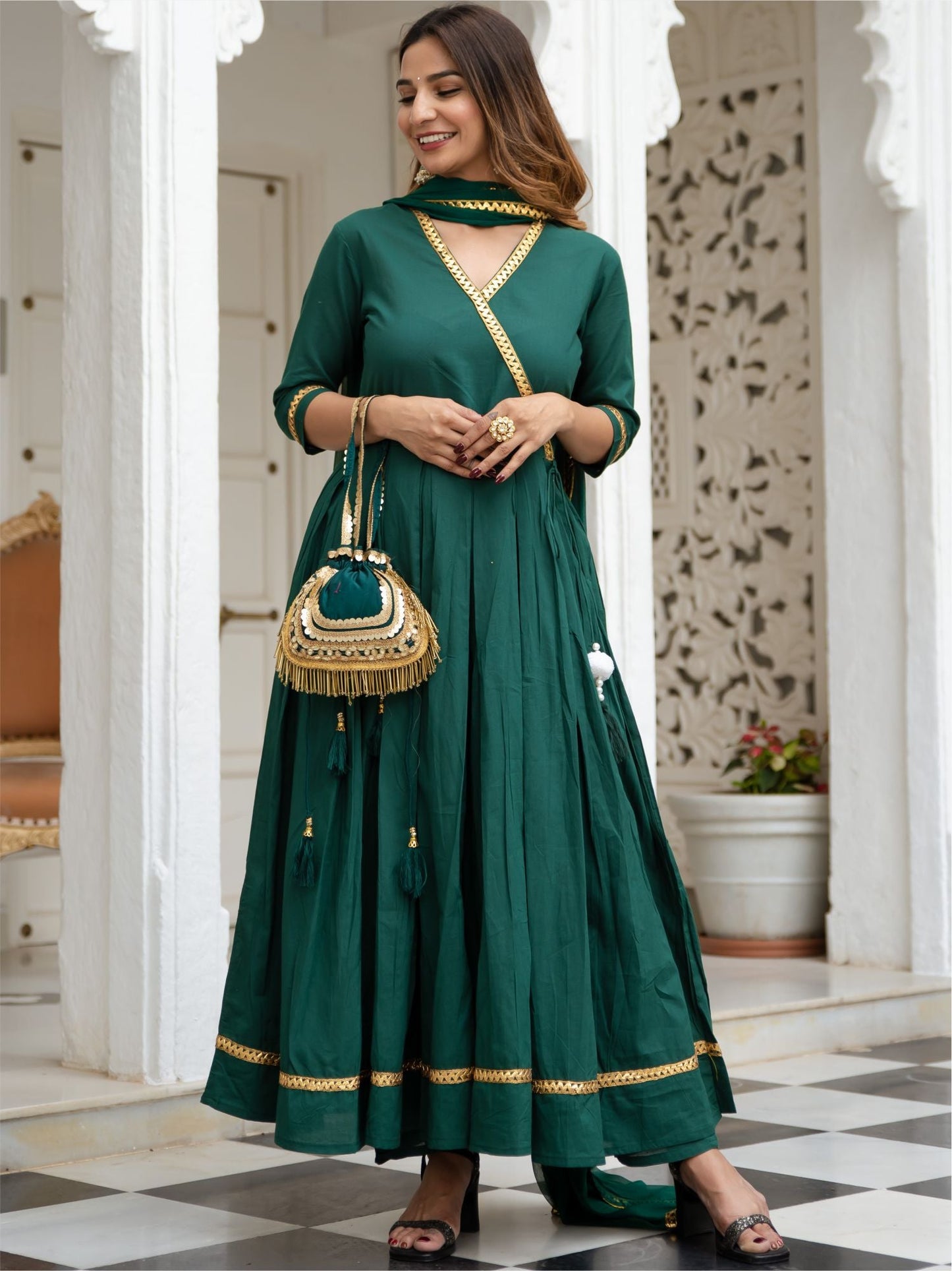 Dark Green Cotton Flared Kurta and Pant Set