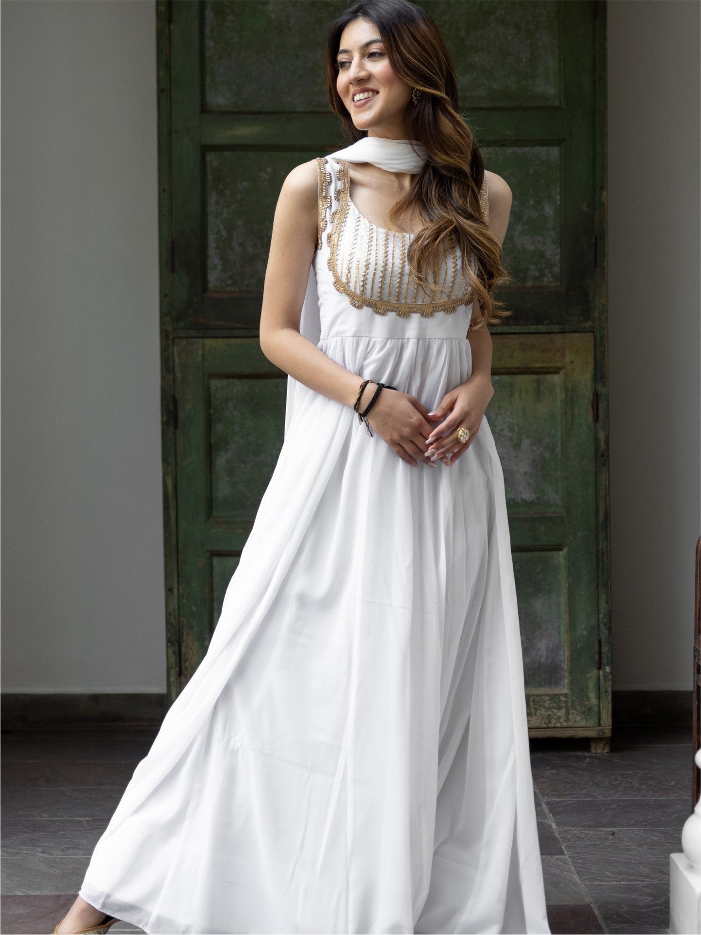 White Georgette Long Dress Set