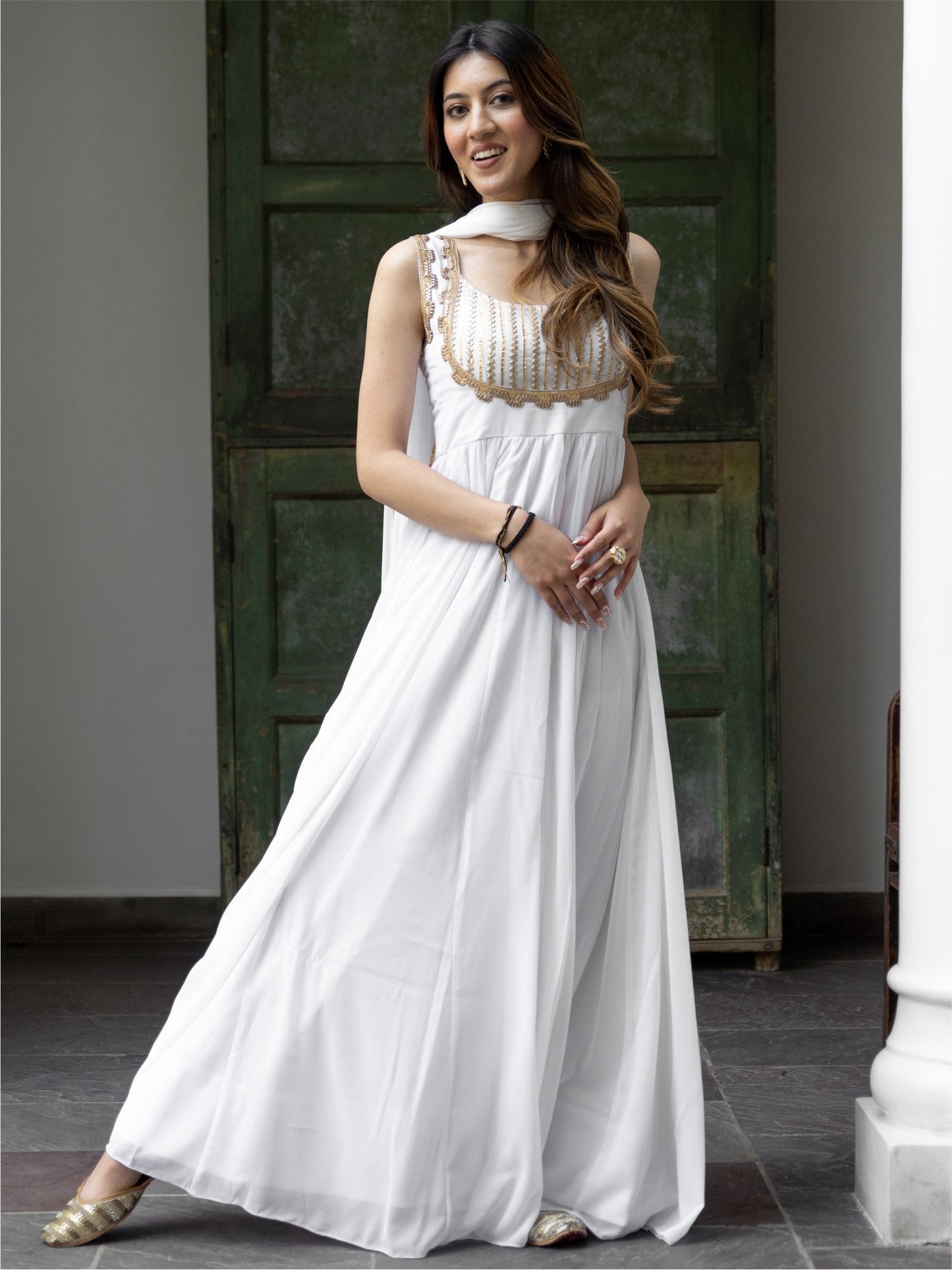 White Georgette Long Dress Set