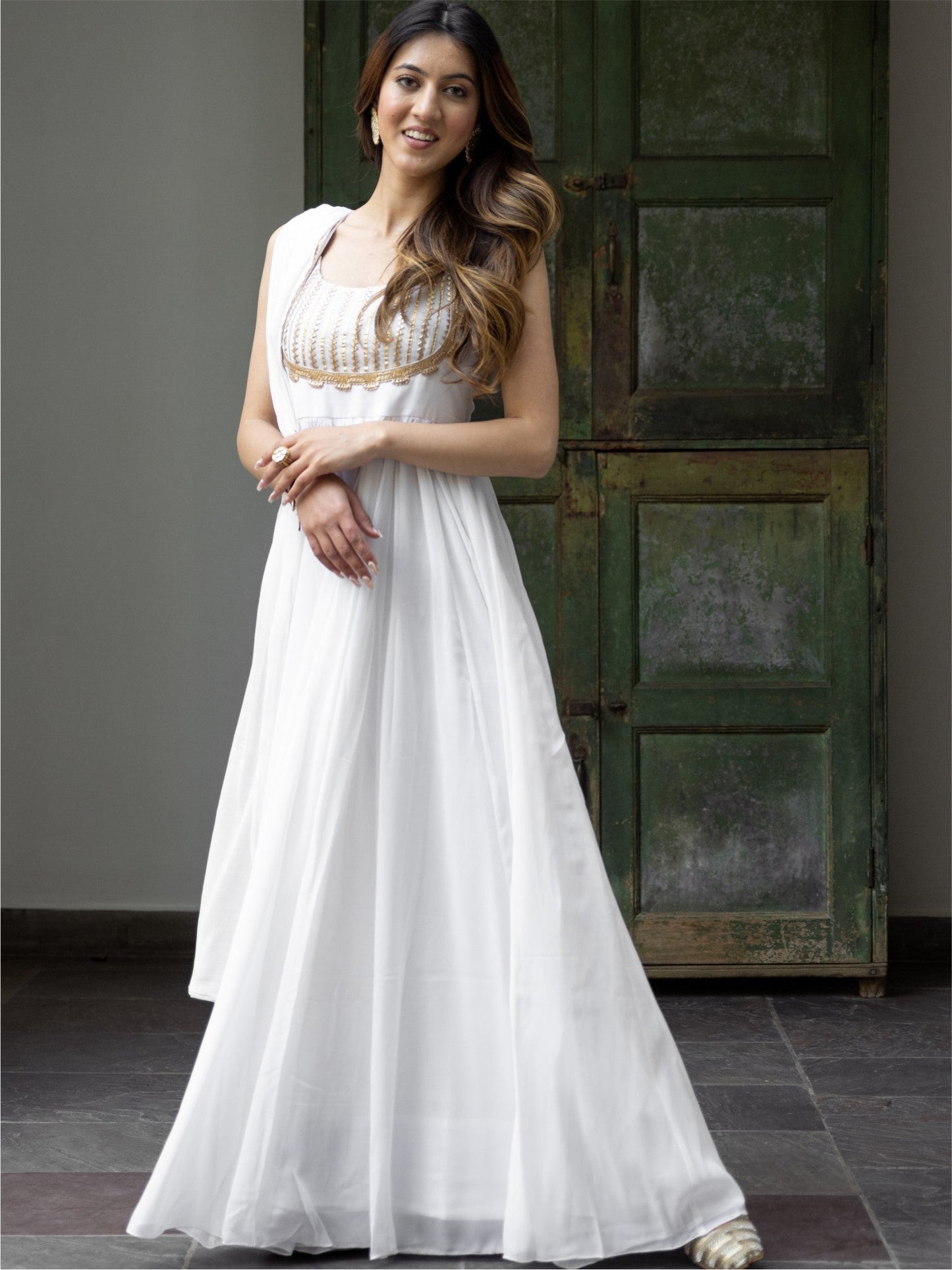 White Georgette Long Dress Set