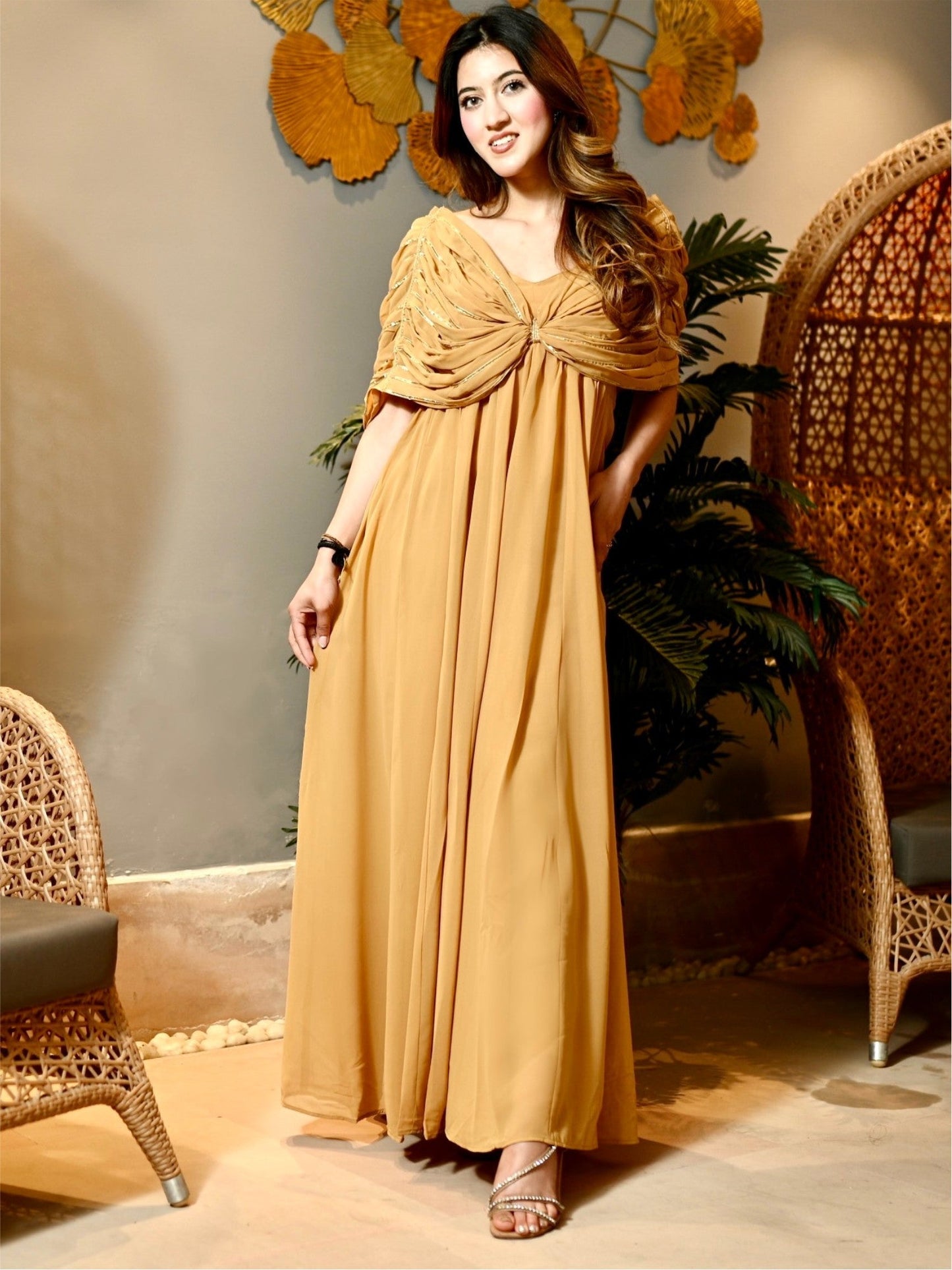 Beige Georgette Party Long Dress