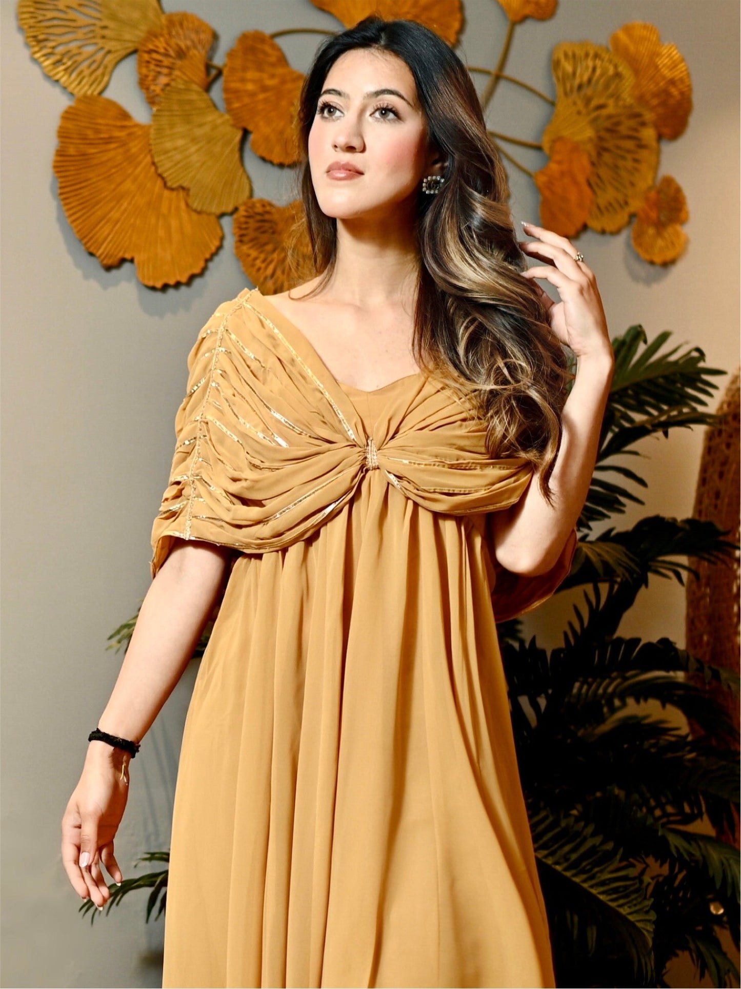 Beige Georgette Party Long Dress