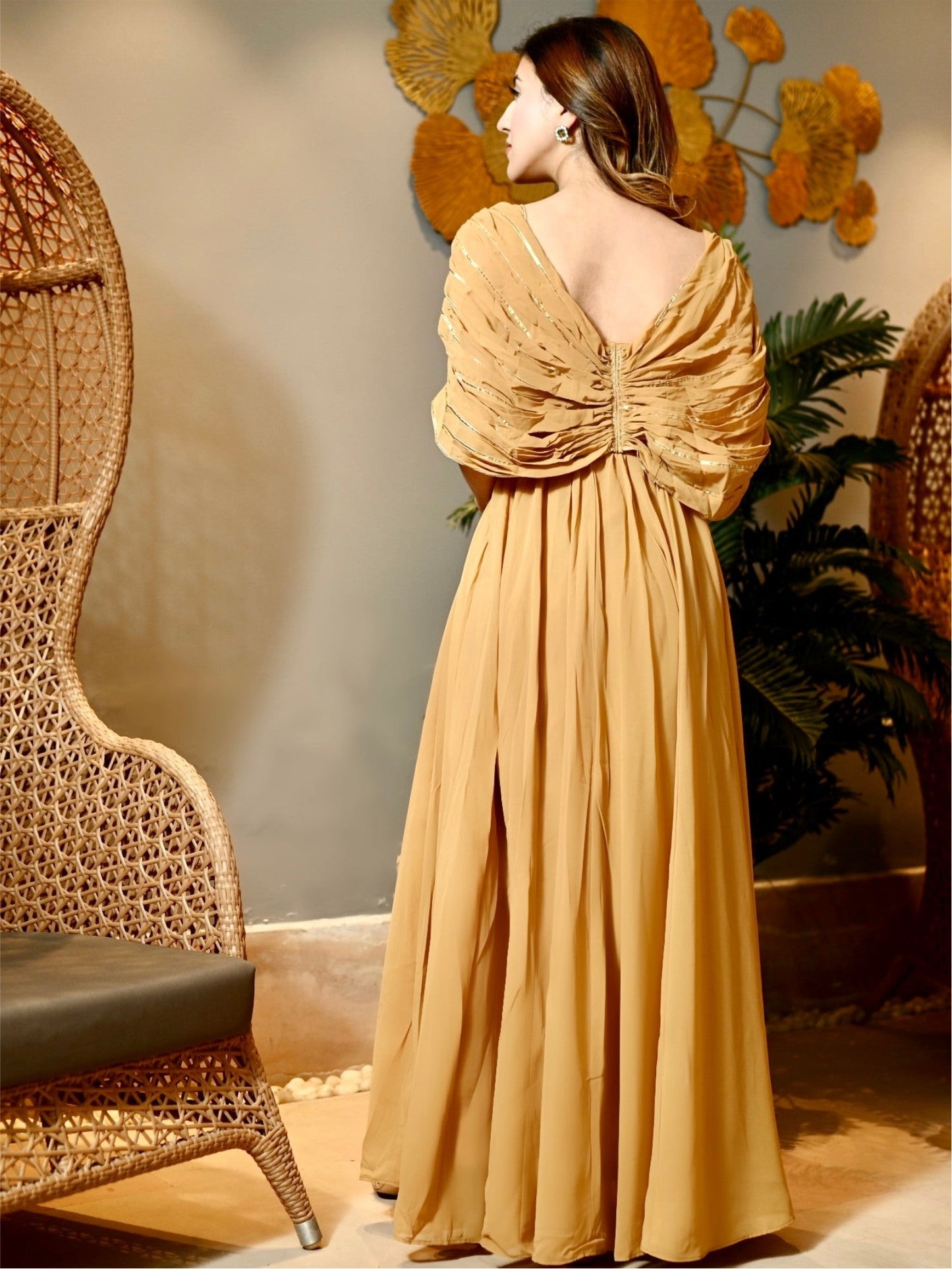 Beige Georgette Party Long Dress