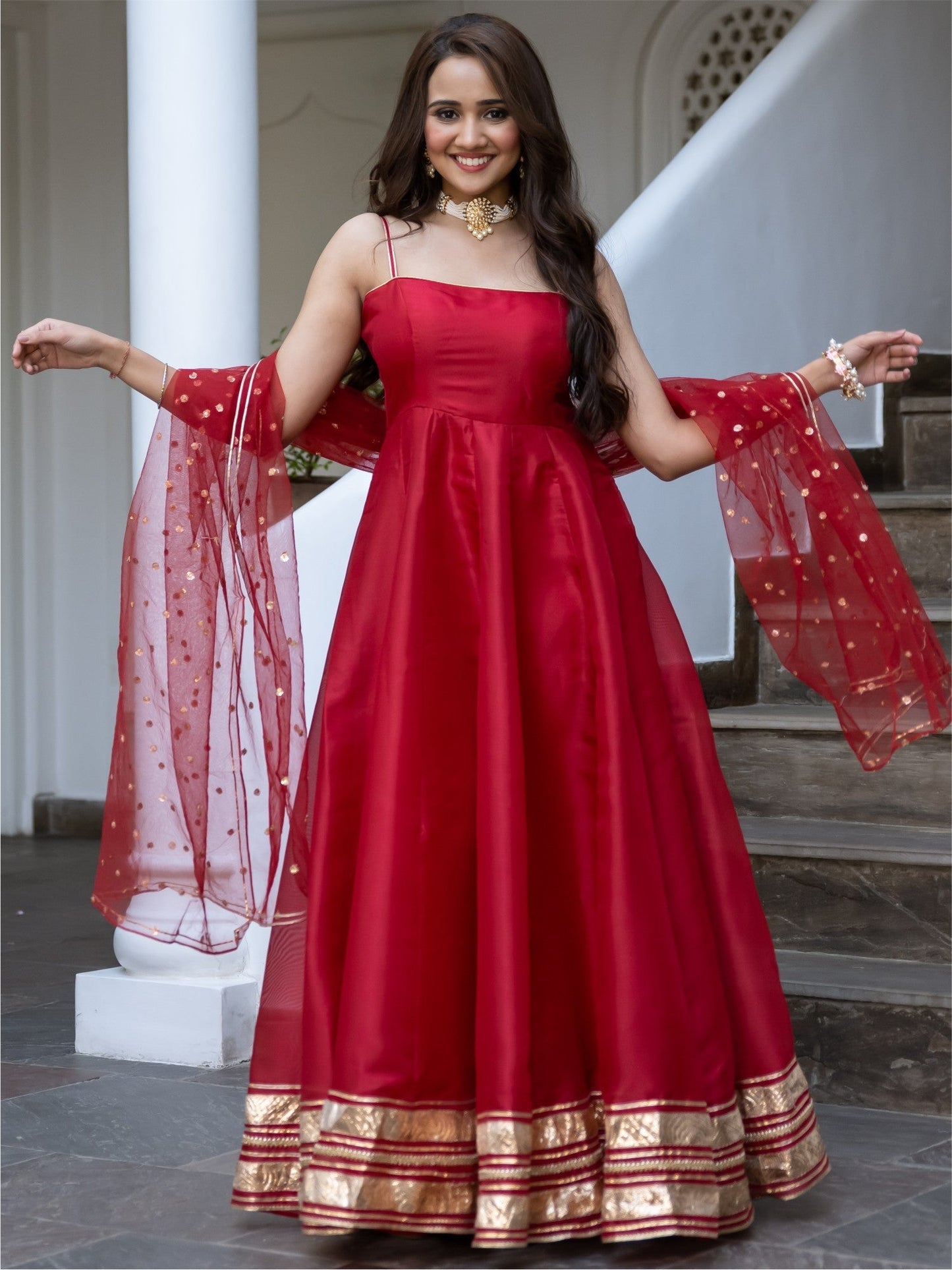 Red Organza Anarkali Dupatta Set