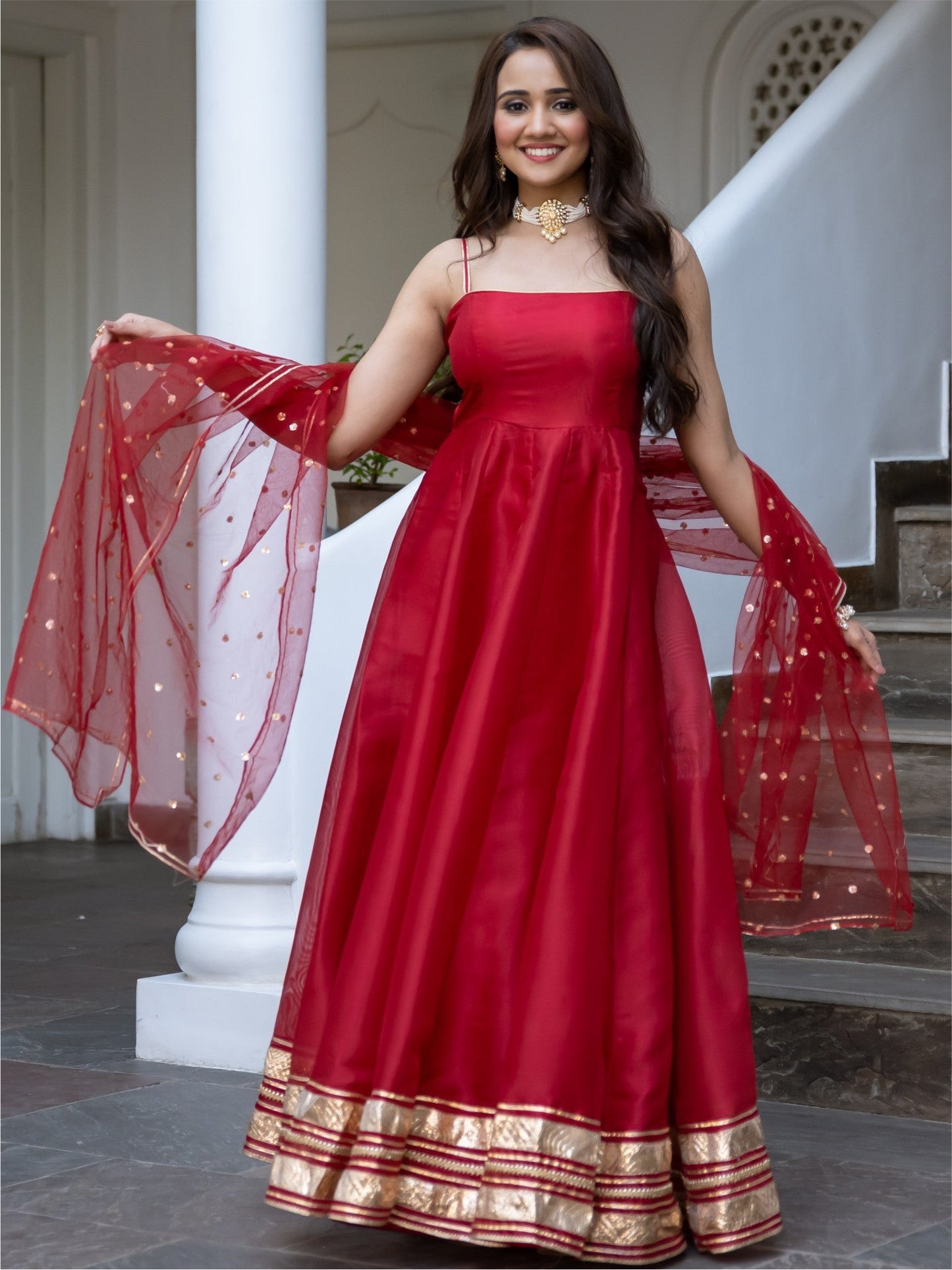 Red Organza Anarkali Dupatta Set